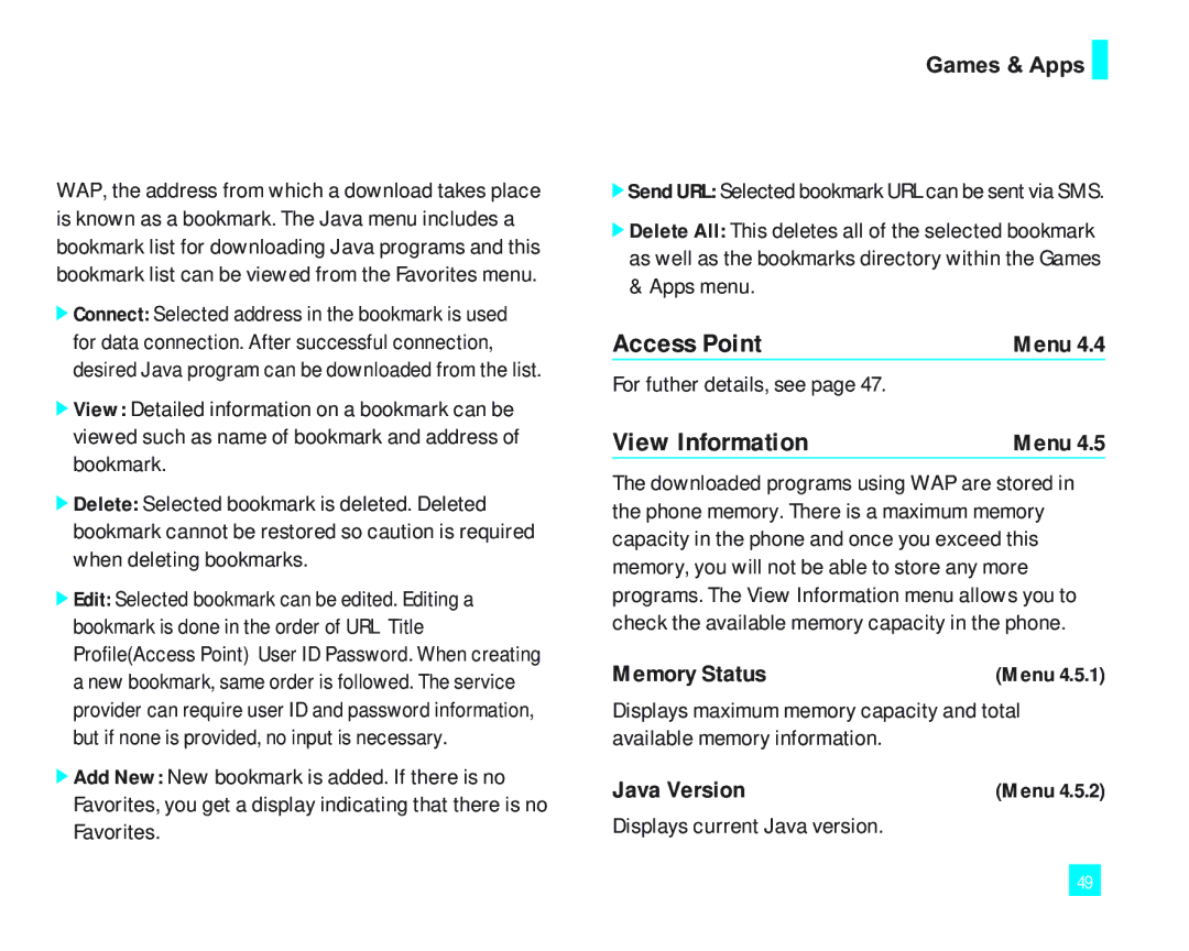 LG Electronics 2000 manual View Information, Memory Status, Java Version, Games & Apps, For futher details, see 