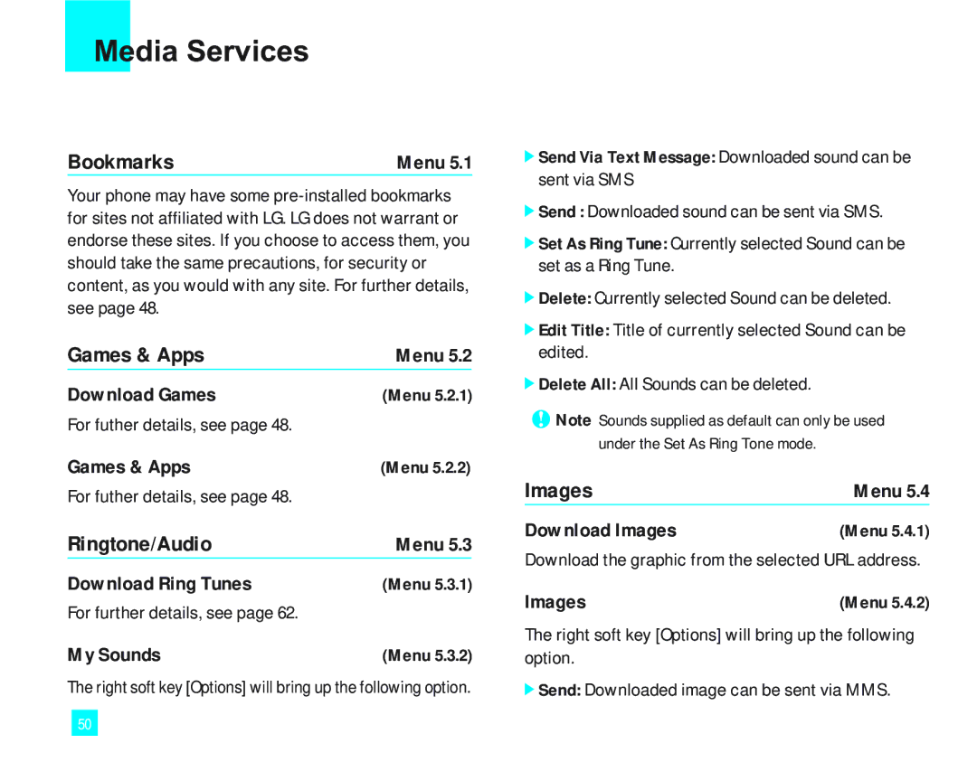 LG Electronics 2000 manual Media Services, Ringtone/Audio, Images 