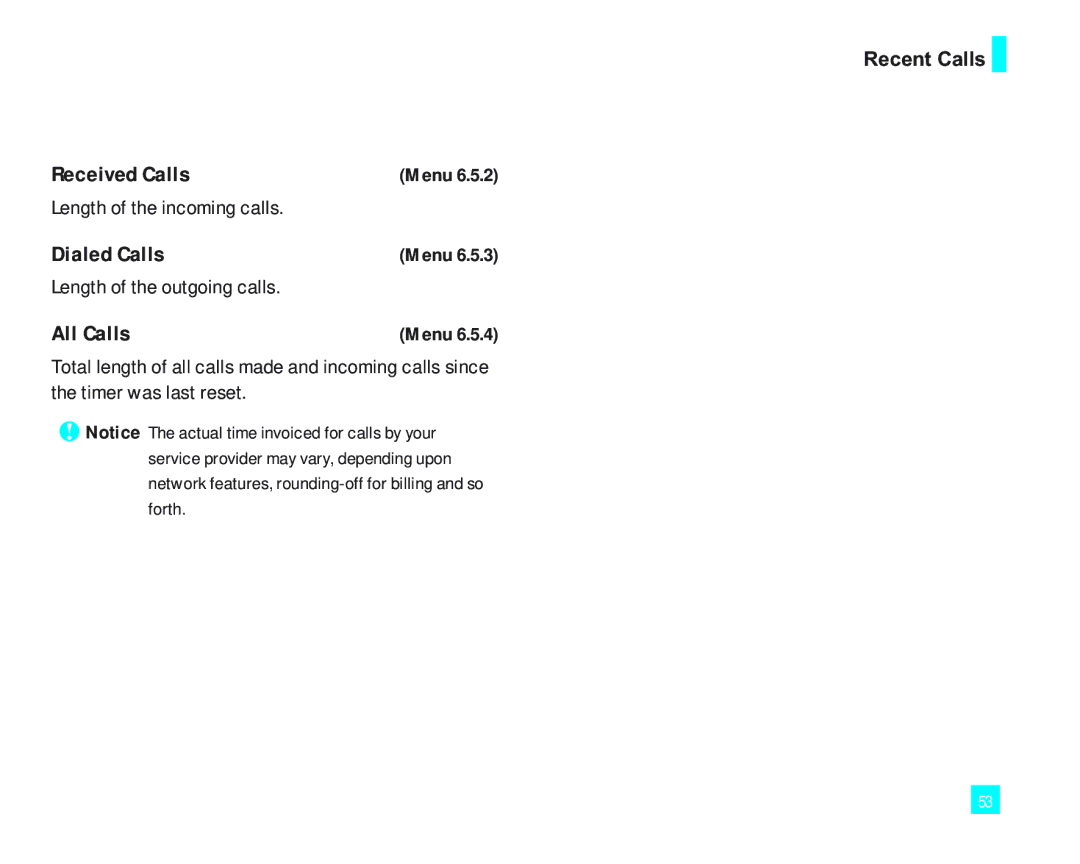 LG Electronics 2000 Received Calls, Dialed Calls, All Calls, Length of the incoming calls, Length of the outgoing calls 