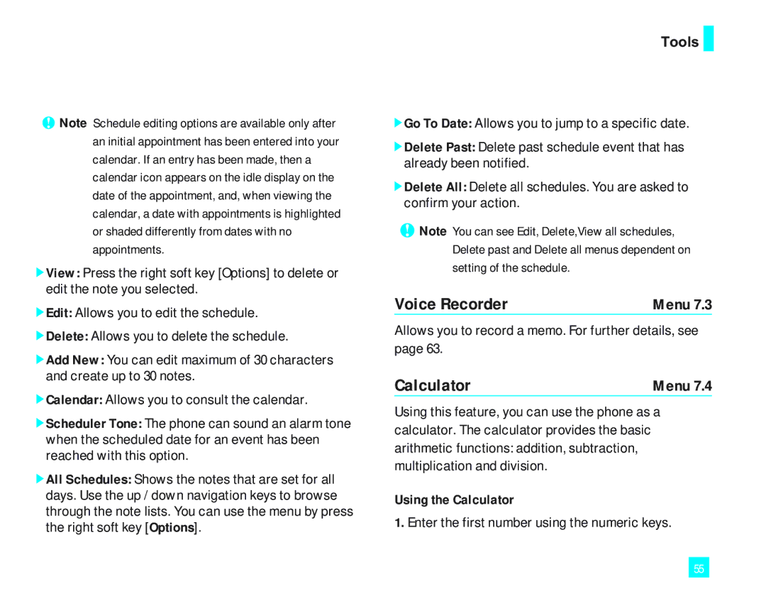 LG Electronics 2000 manual Voice Recorder, Tools, Using the Calculator 