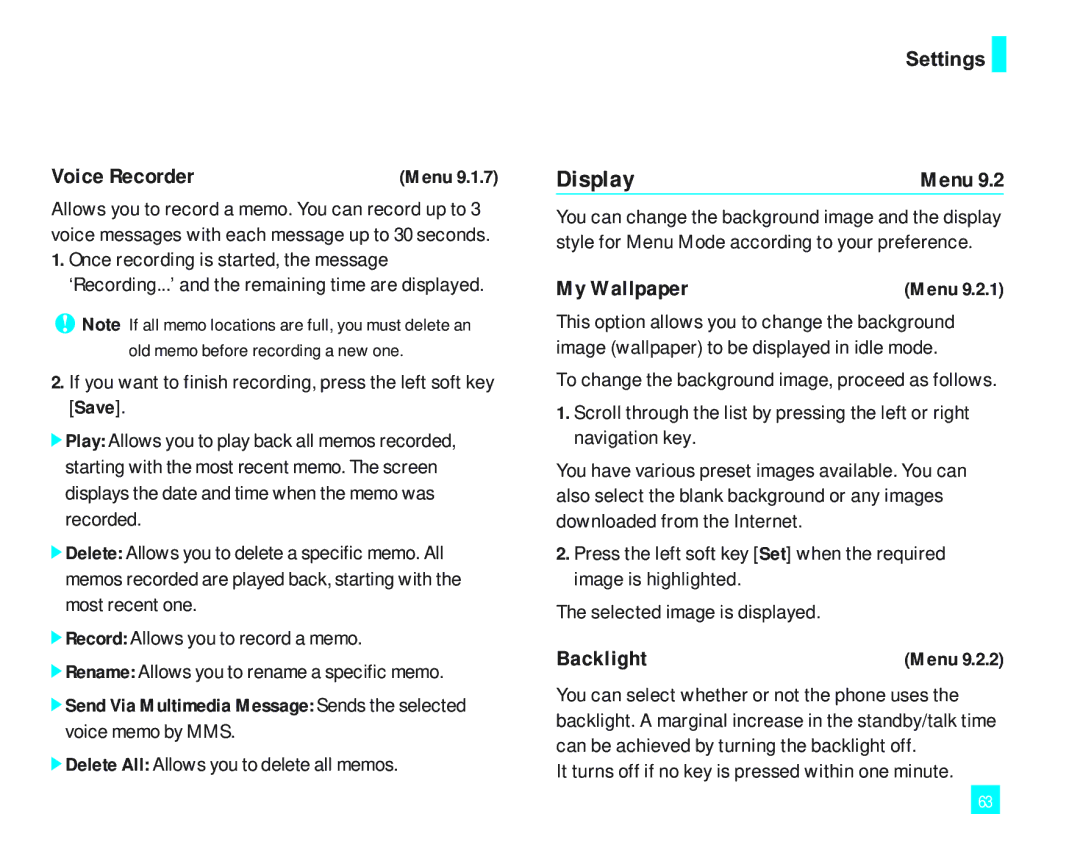 LG Electronics 2000 manual Display, Voice Recorder, My Wallpaper, Delete All Allows you to delete all memos 