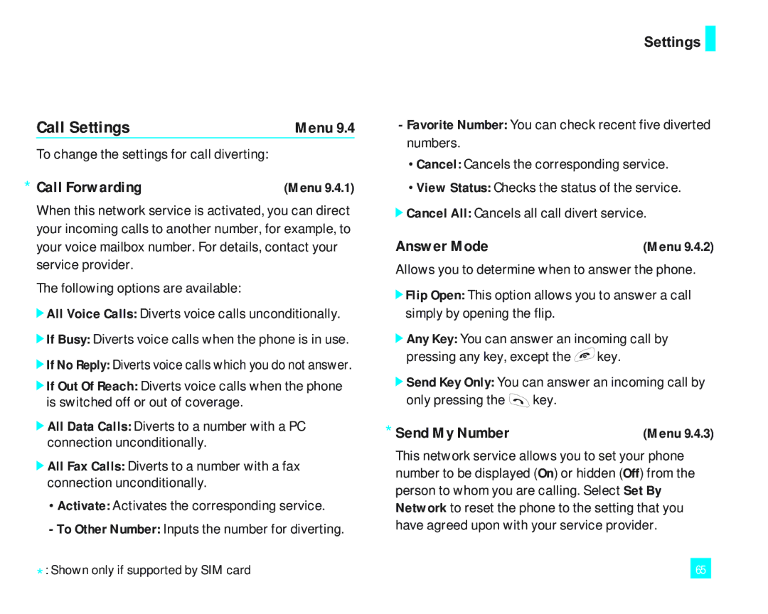 LG Electronics 2000 Call Settings, Call Forwarding, Answer Mode, Send My Number, To change the settings for call diverting 