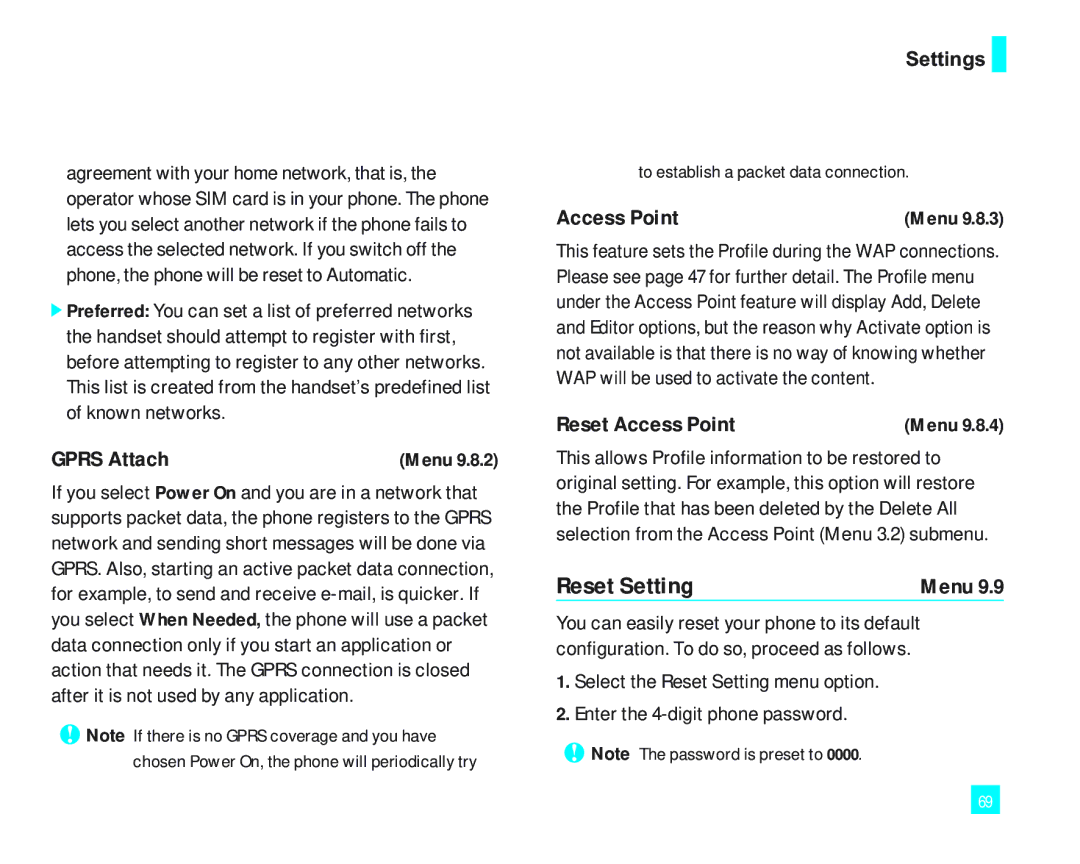 LG Electronics 2000 manual Reset Setting, Gprs Attach, Reset Access Point 