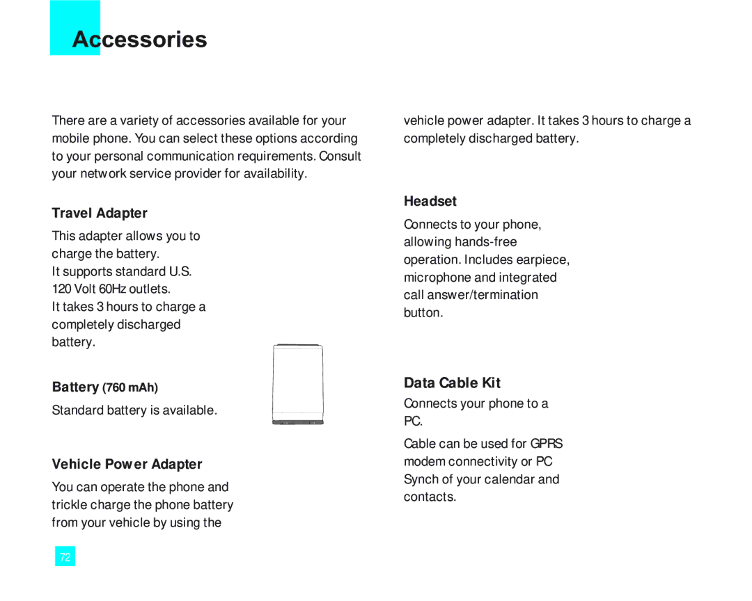 LG Electronics 2000 manual Accessories, Data Cable Kit, Travel Adapter, Vehicle Power Adapter, Headset 