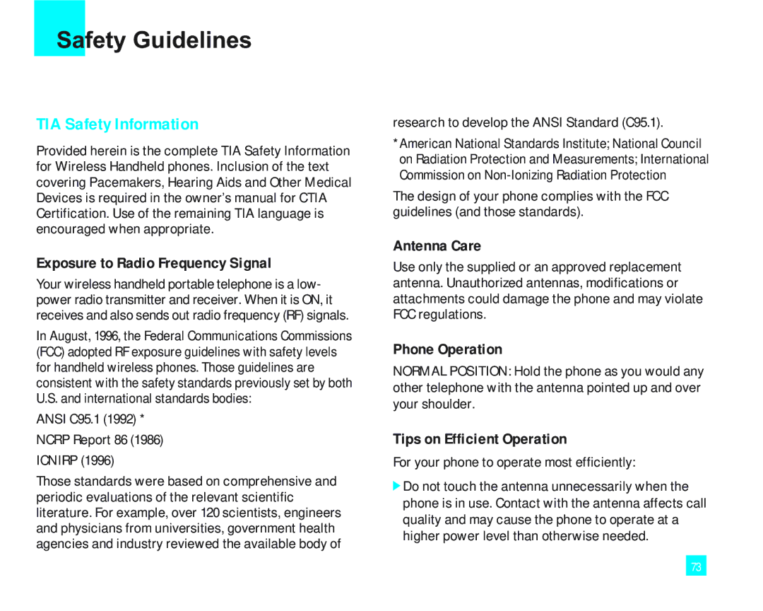 LG Electronics 2000 manual Safety Guidelines, Exposure to Radio Frequency Signal, Antenna Care, Phone Operation 