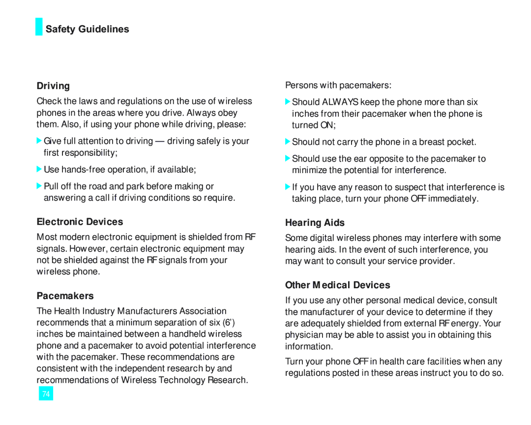 LG Electronics 2000 manual Driving, Electronic Devices, Pacemakers, Hearing Aids, Other Medical Devices 