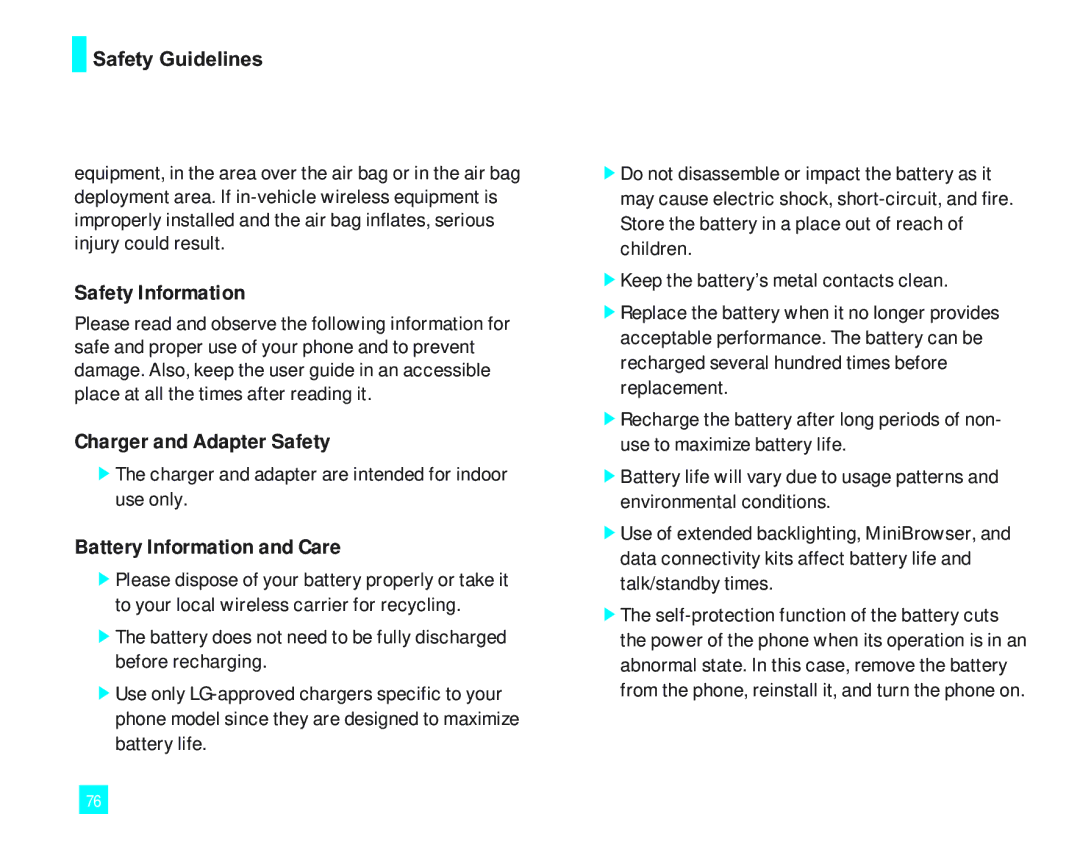 LG Electronics 2000 manual Charger and Adapter Safety, Battery Information and Care 