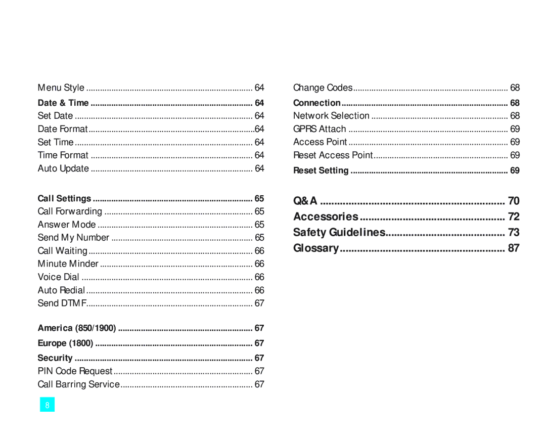 LG Electronics 2000 manual Safety Guidelines Glossary, Call Settings 