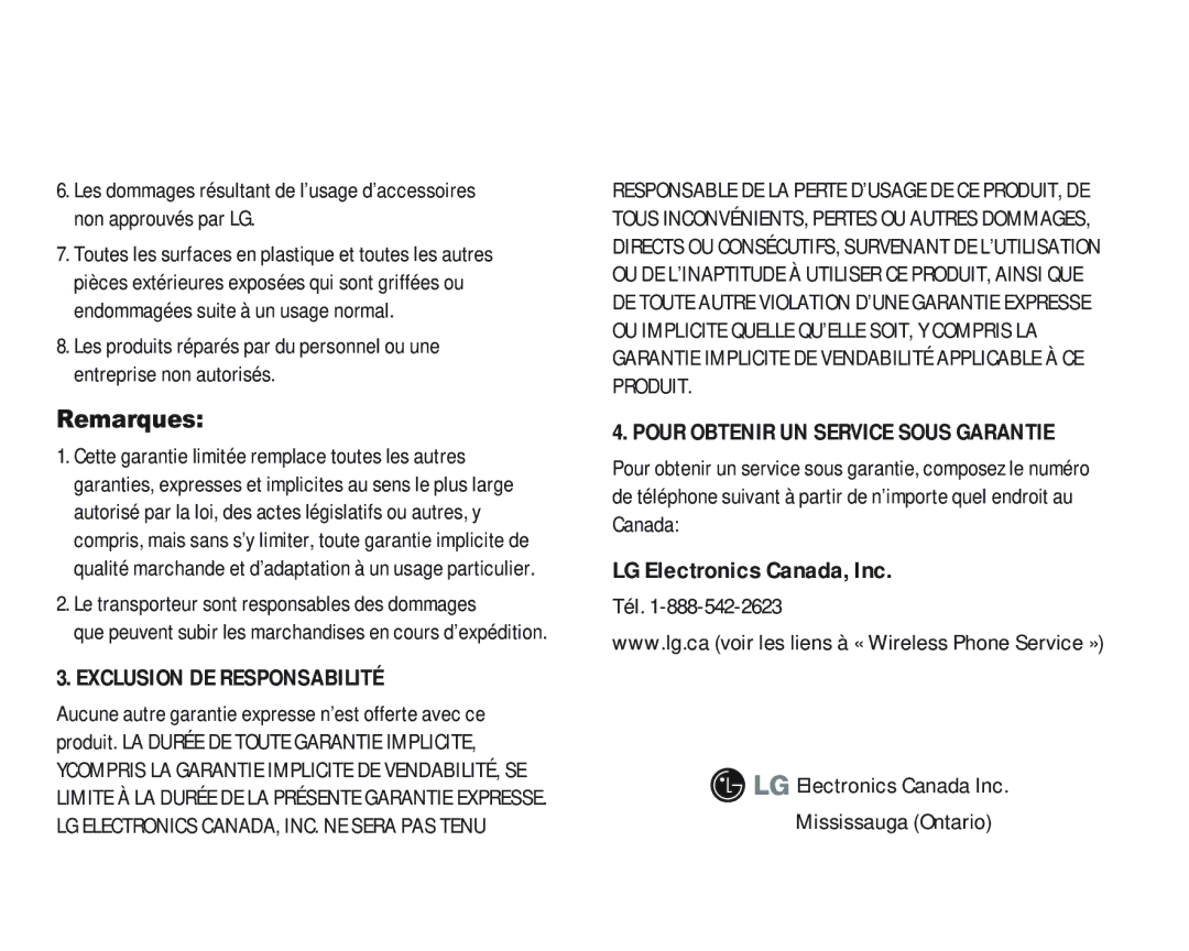 LG Electronics 2000 manual Remarques, LG Electronics Canada, Inc, Le transporteur sont responsables des dommages 