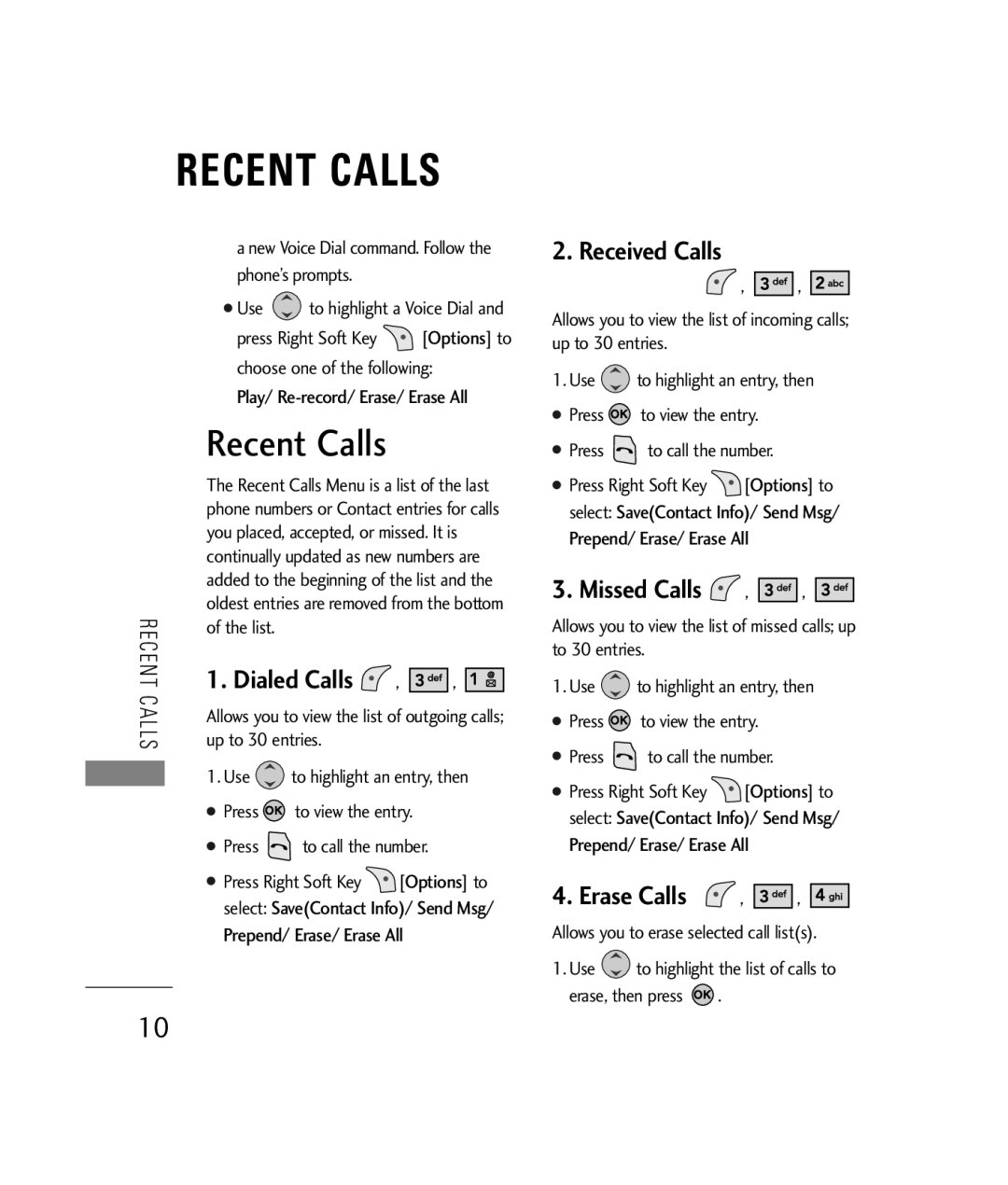 LG Electronics 200C manual Recent Calls, Received Calls, Missed Calls 