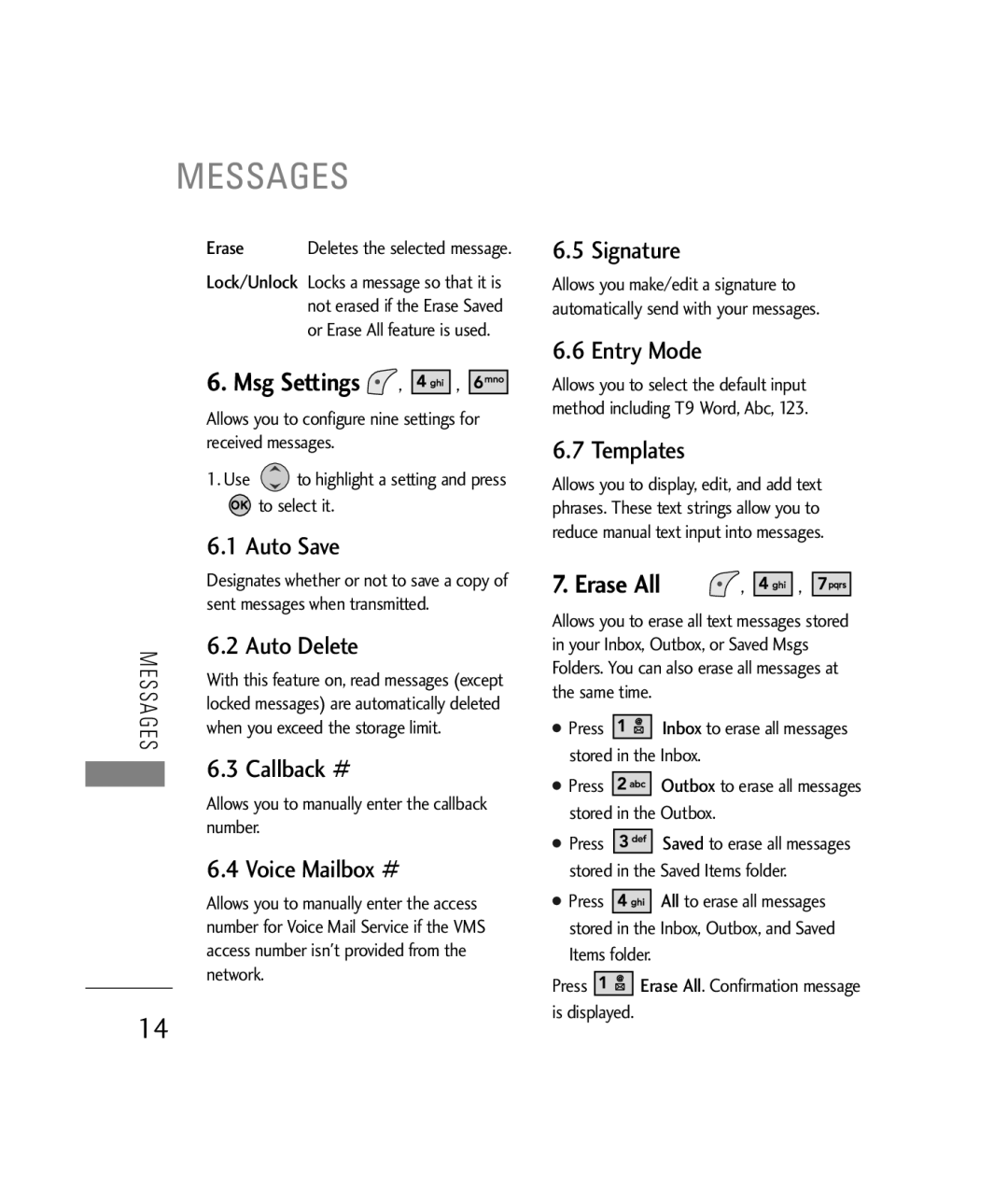 LG Electronics 200C manual Msg Settings, Erase All 