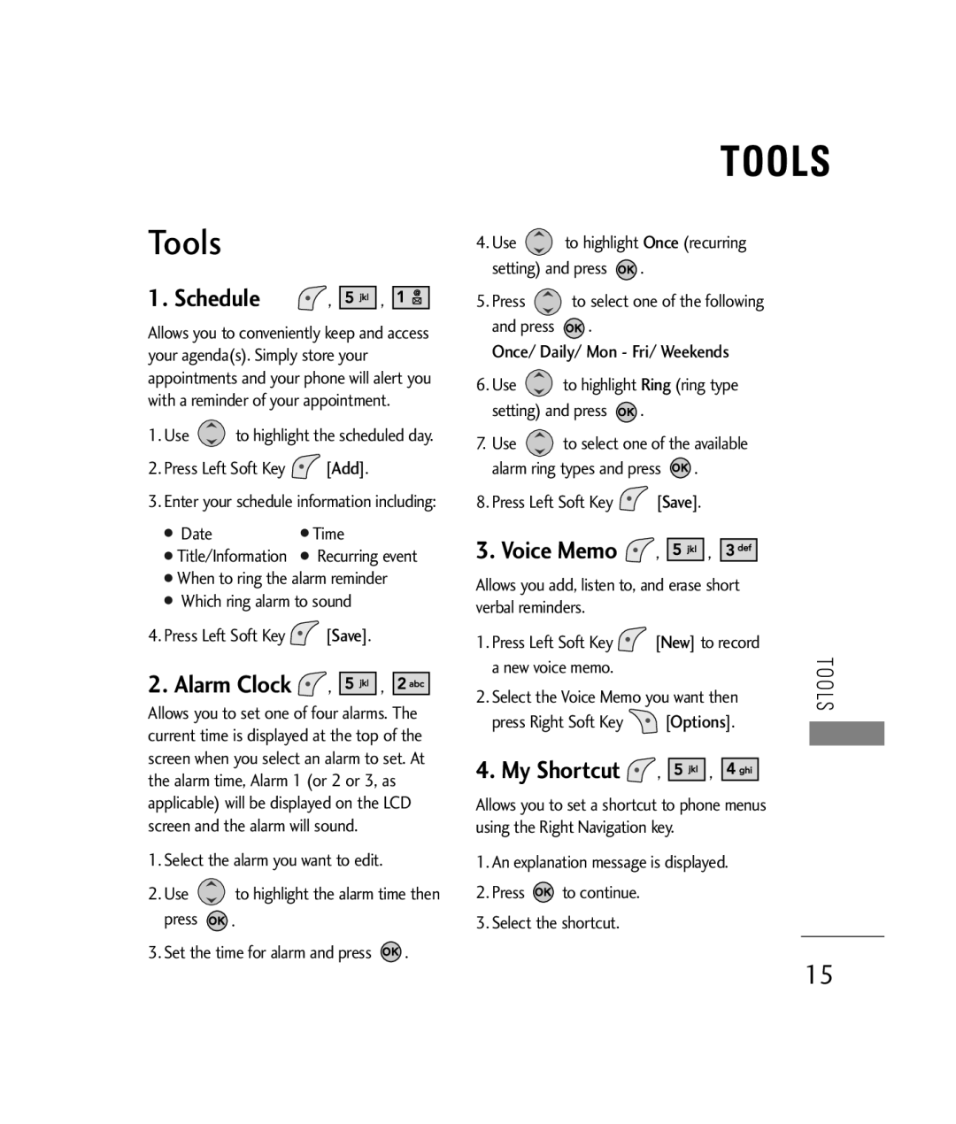 LG Electronics 200C manual Tools, Schedule, Voice Memo, My Shortcut 