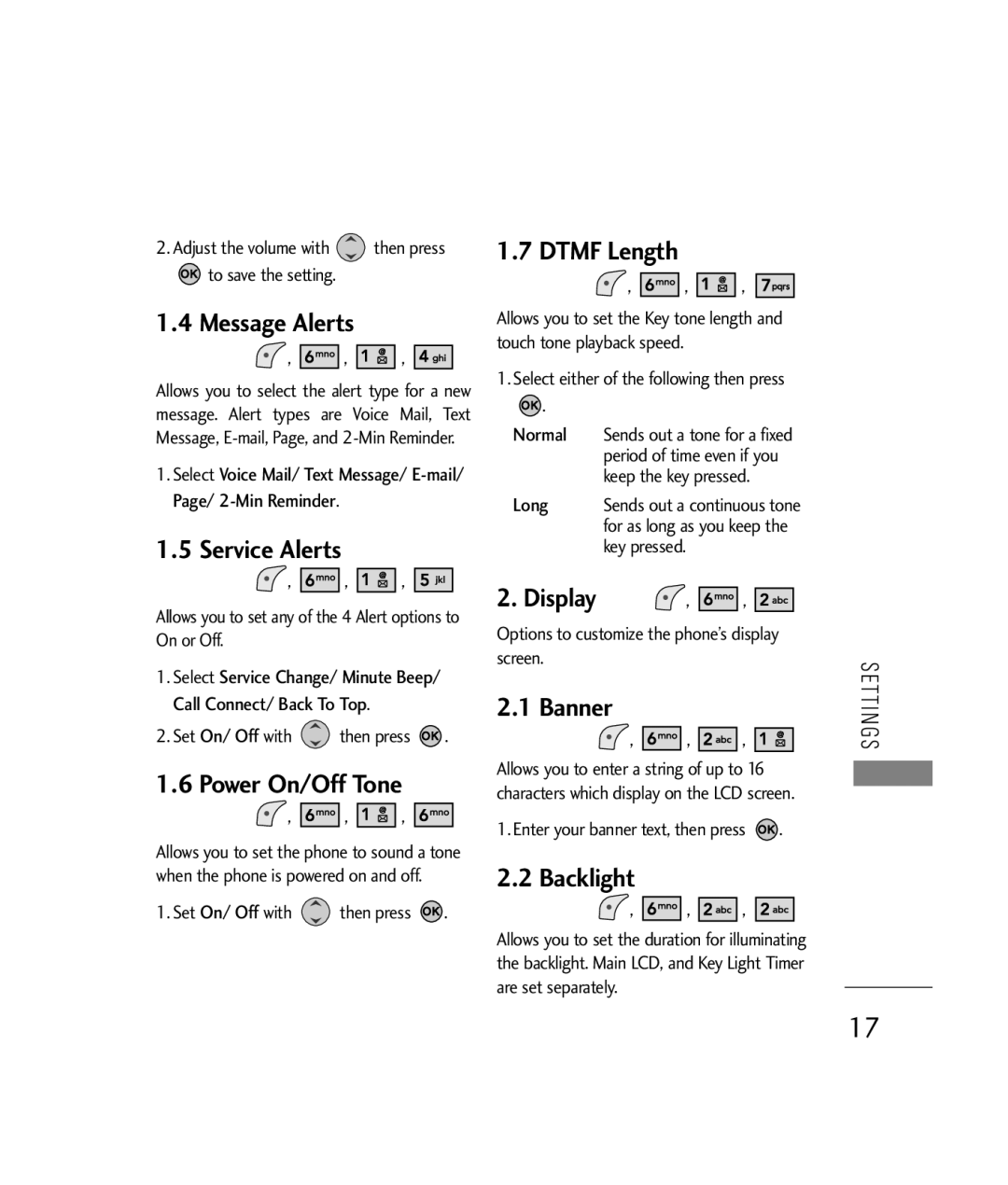 LG Electronics 200C manual Message Alerts, Service Alerts, Power On/Off Tone, Dtmf Length, Display, Banner, Backlight 