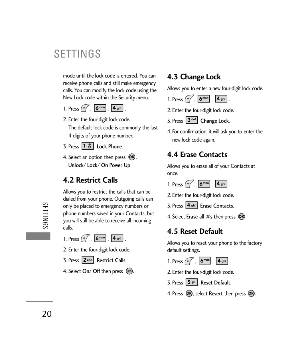 LG Electronics 200C manual Restrict Calls, Change Lock, Erase Contacts, Reset Default 