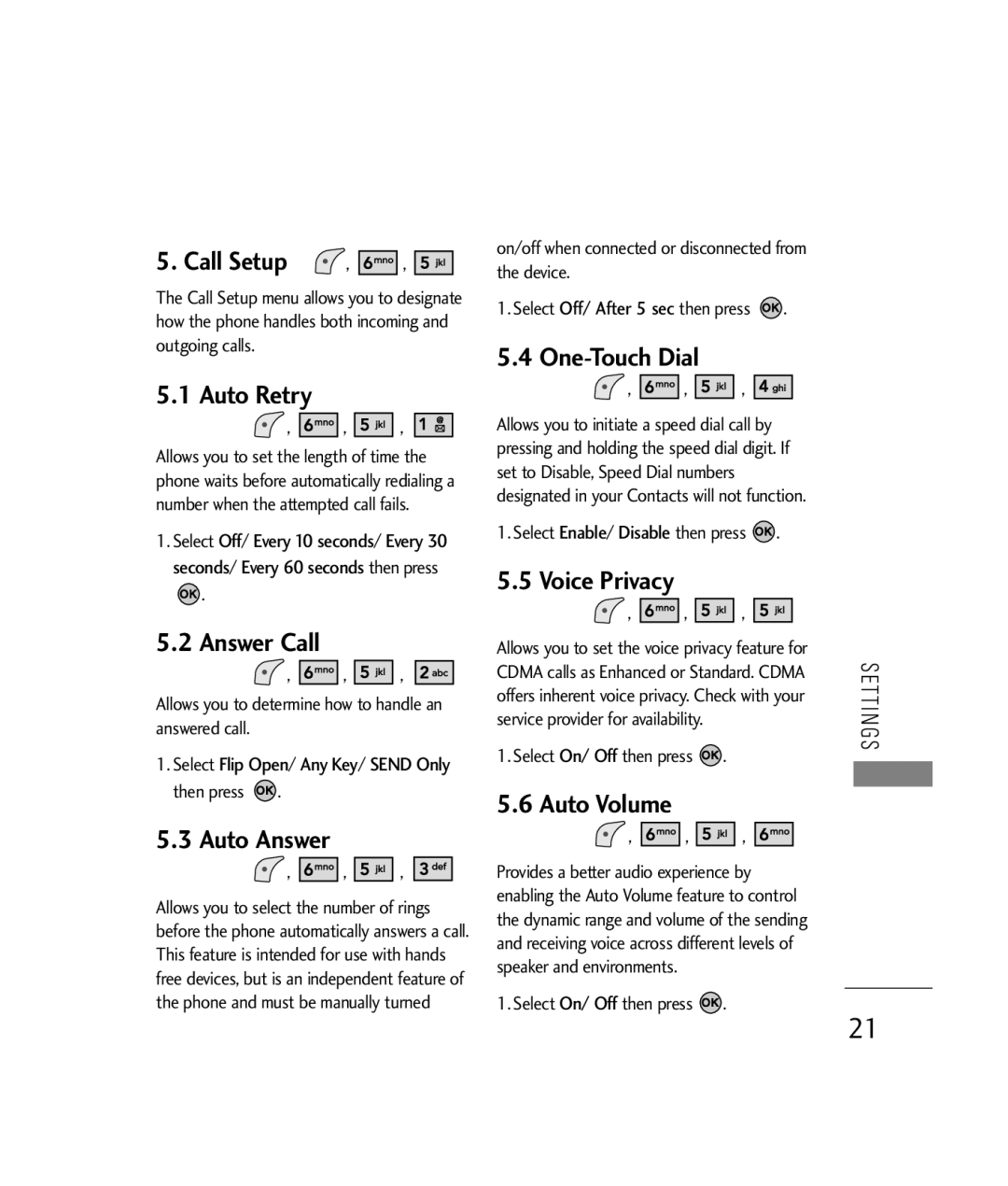 LG Electronics 200C manual Call Setup, Auto Retry, Answer Call, Auto Answer, One-Touch Dial, Voice Privacy, Auto Volume 