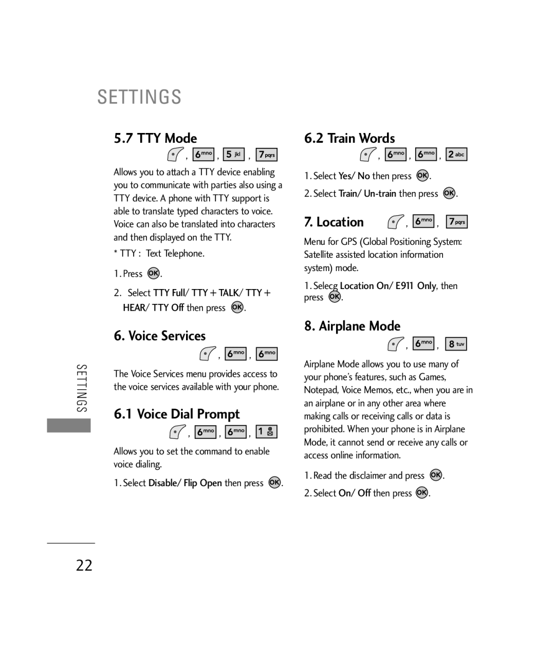 LG Electronics 200C manual TTY Mode, Voice Services, Voice Dial Prompt, Train Words, Location, Airplane Mode 