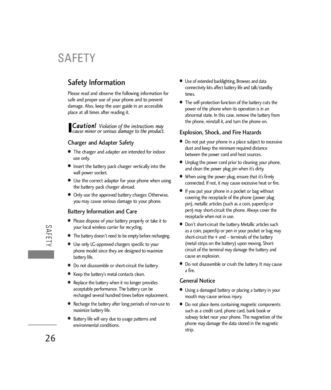 LG Electronics 200C manual Charger and Adapter Safety, Battery Information and Care, Explosion, Shock, and Fire Hazards 