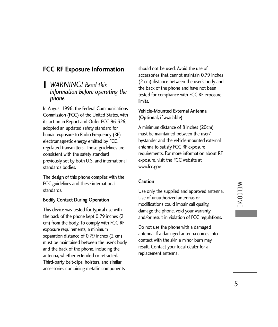 LG Electronics 200C manual FCC RF Exposure Information, Bodily Contact During Operation 