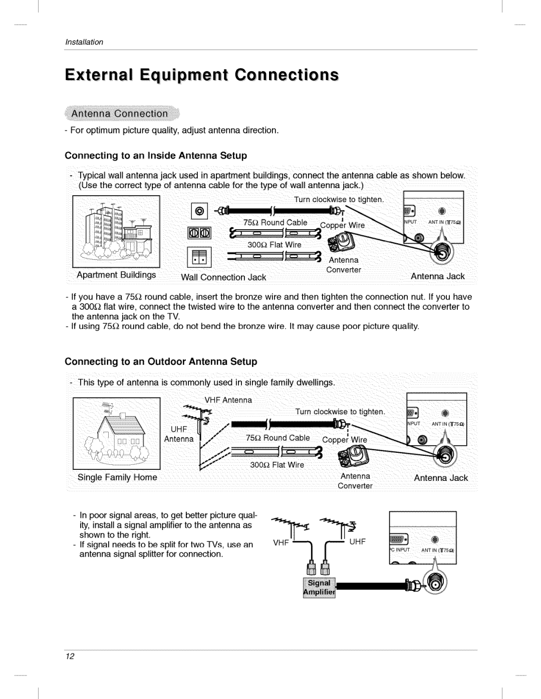 LG Electronics 200LC1R owner manual External Eq uipment Con nect,iions, To an Outdoor Antenna 