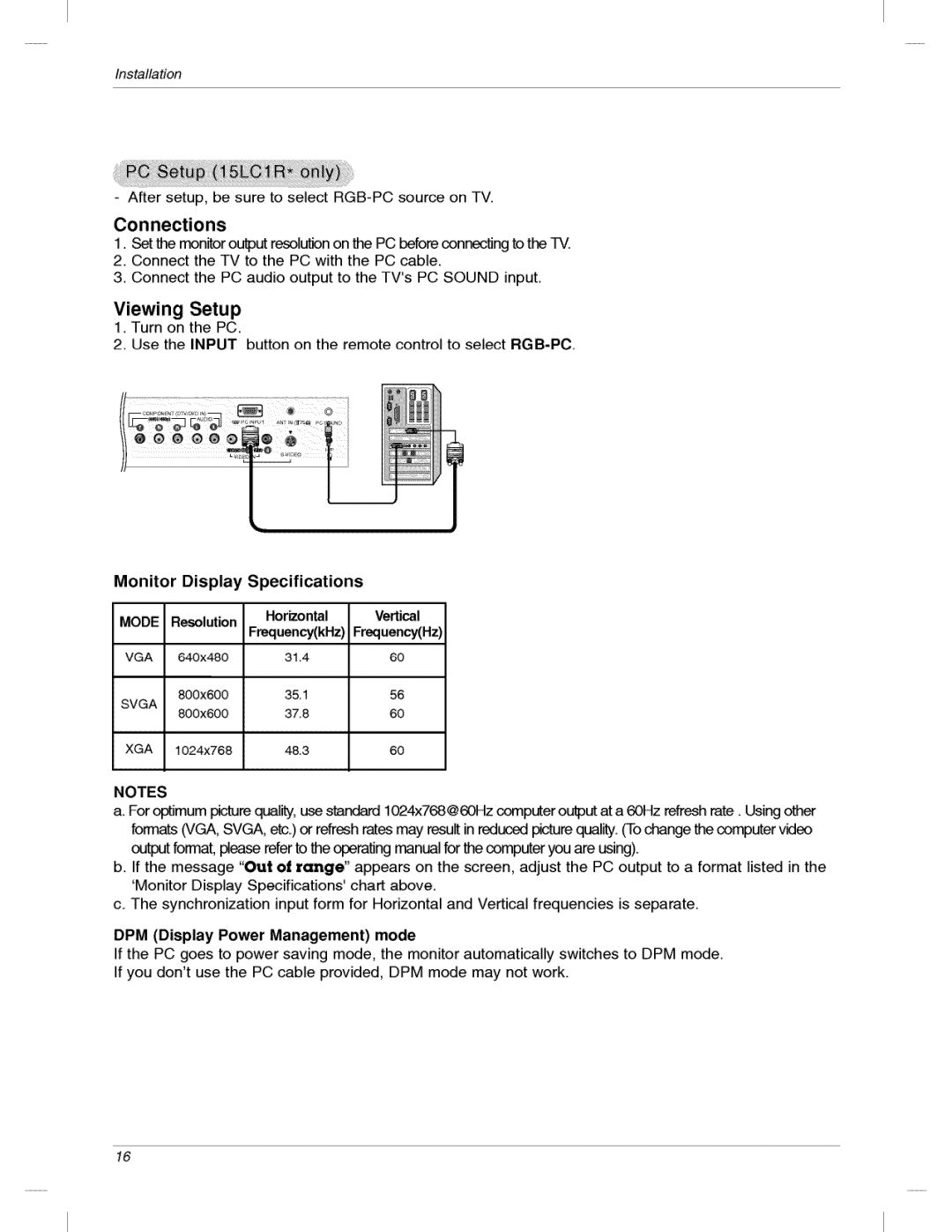 LG Electronics 200LC1R owner manual Turn on the PC, Monitor Display, Resolutn, Vertical, DPM Display Power Management mode 