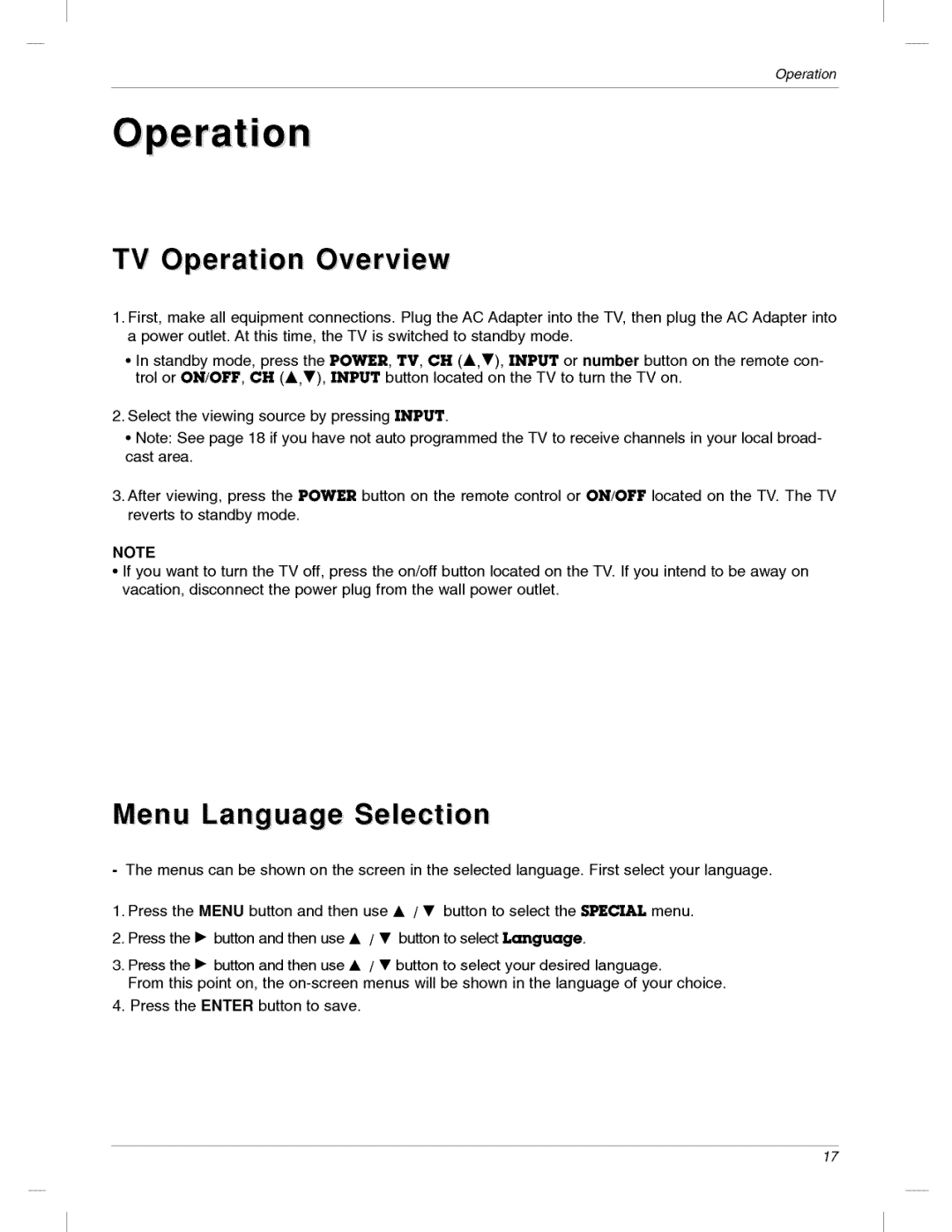 LG Electronics 200LC1R owner manual TV Operation Overview, Menu La ng uage Se le ct io n 