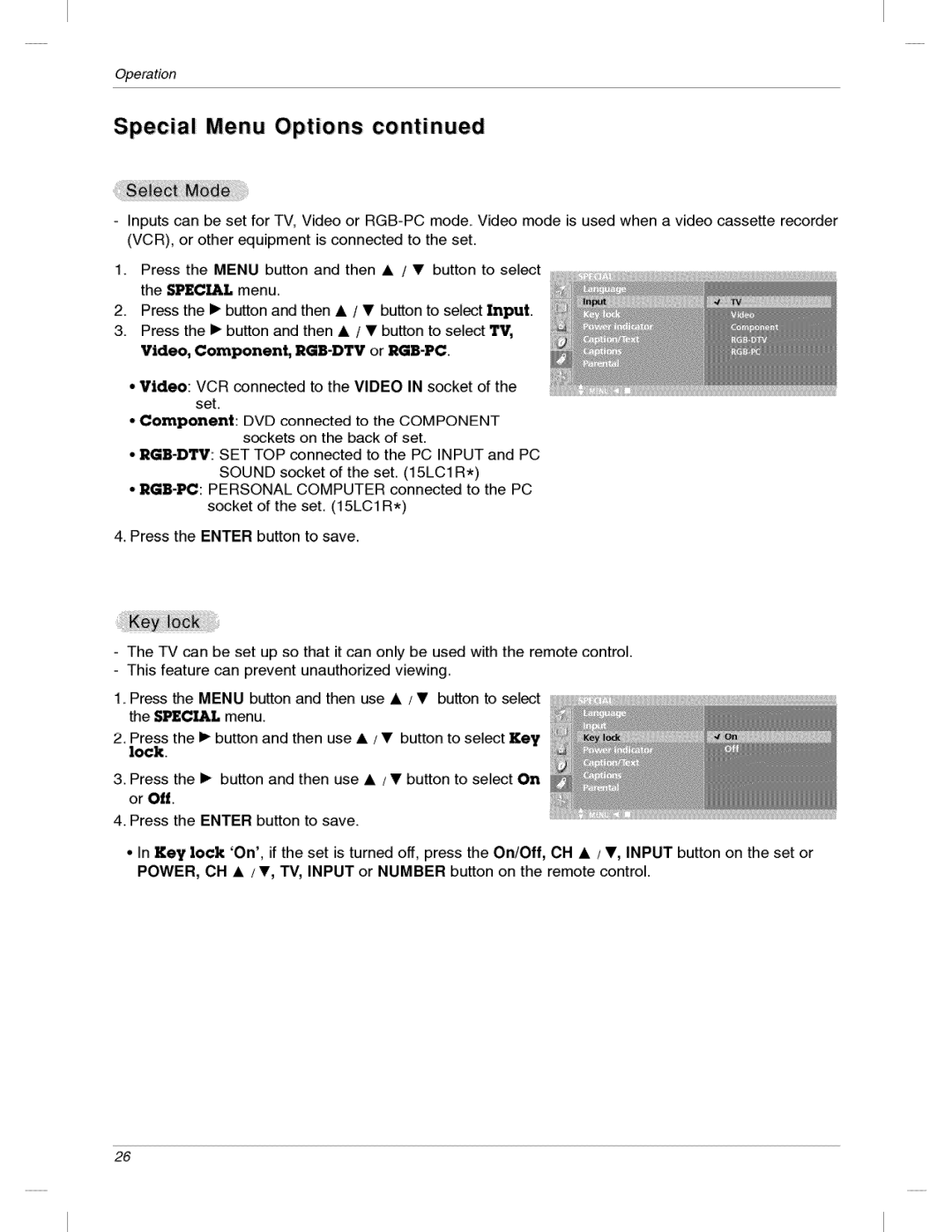 LG Electronics 200LC1R owner manual Special Menu Options 