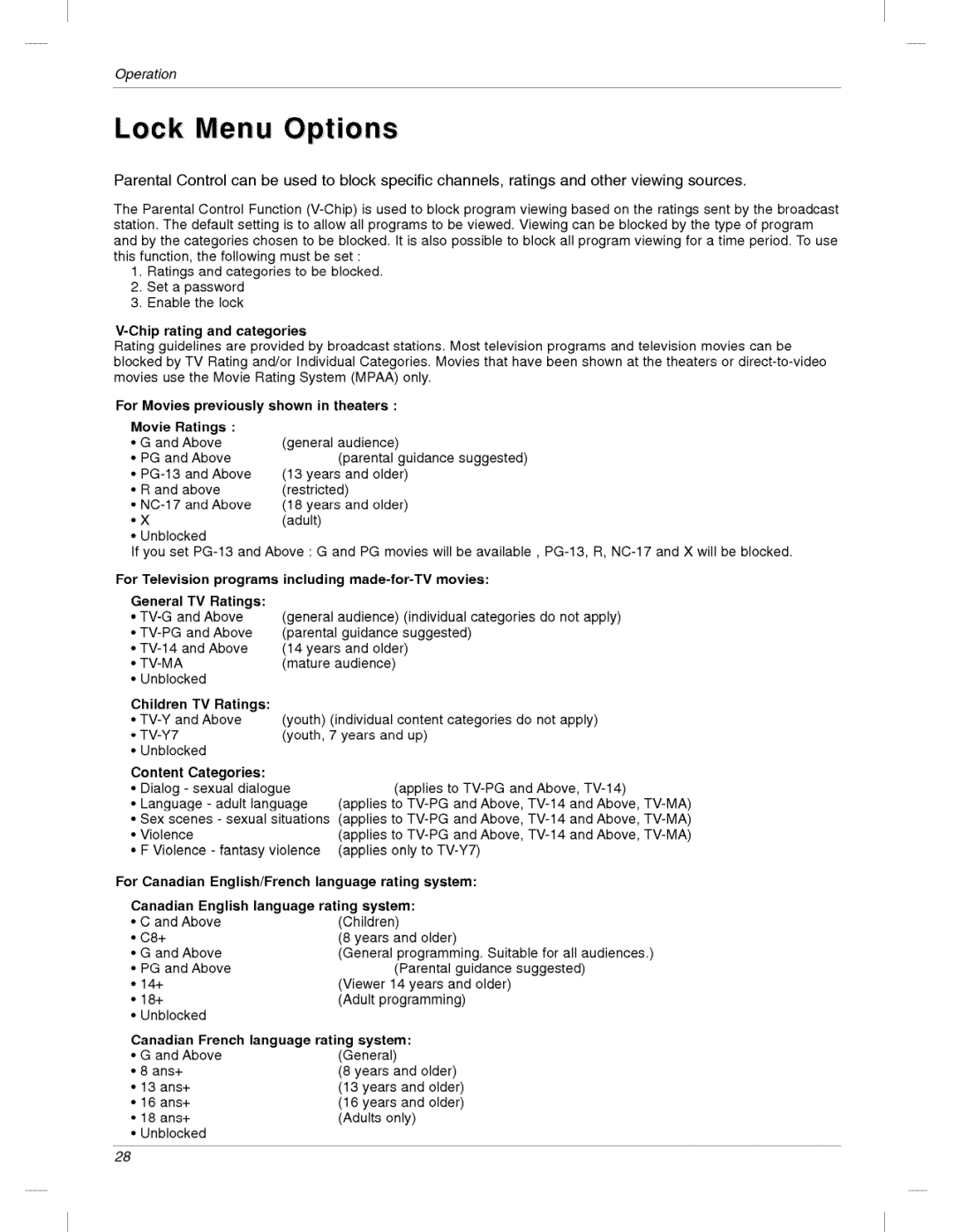 LG Electronics 200LC1R owner manual Lock Menu 