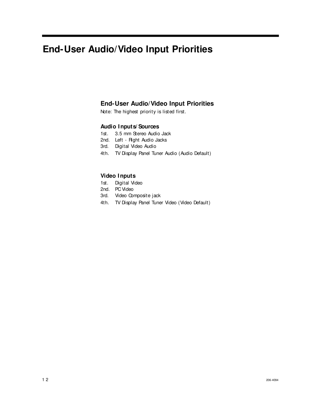 LG Electronics 202B, RJP-201B setup guide End-User Audio/Video Input Priorities Audio Inputs/Sources, Video Inputs 