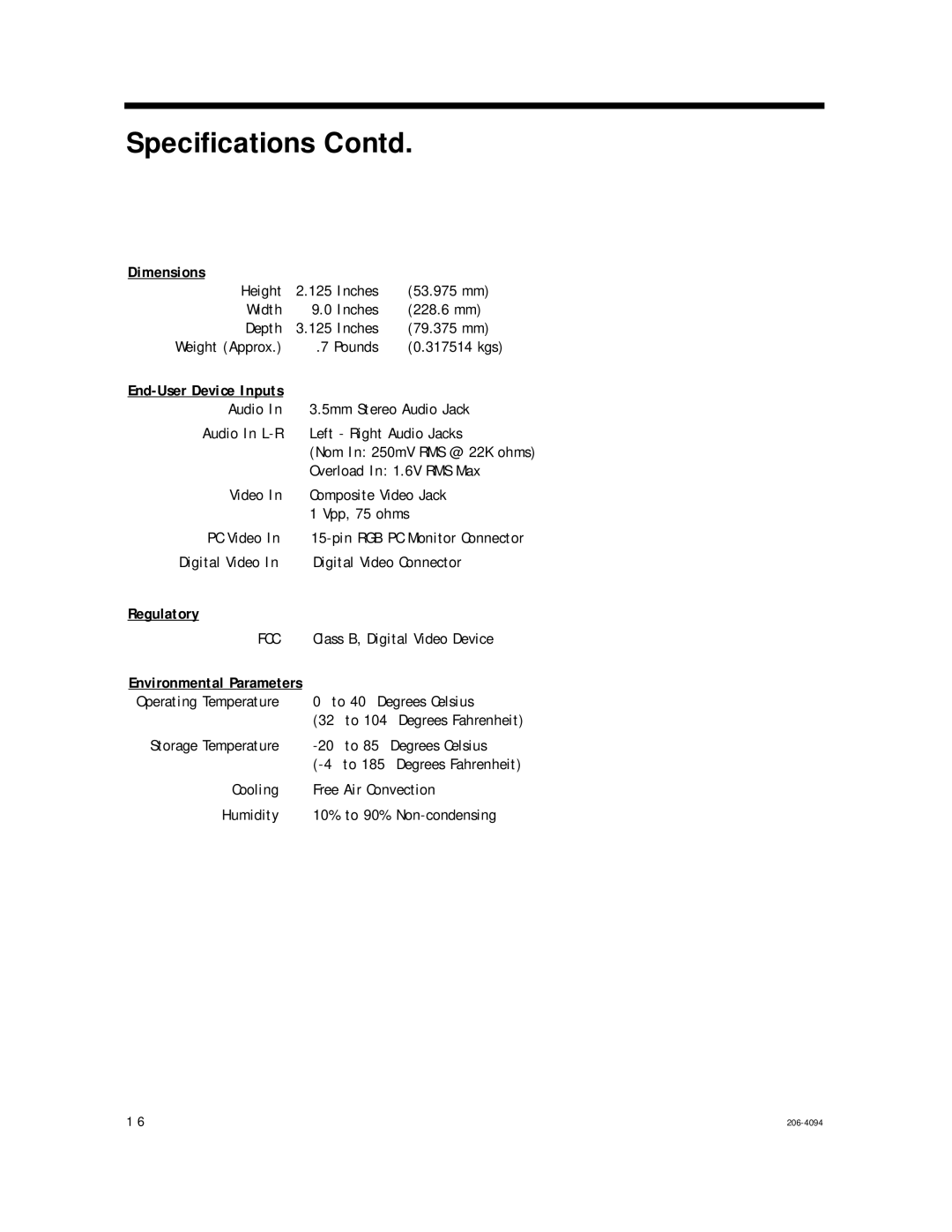 LG Electronics 202B, RJP-201B setup guide Specifications Contd, Regulatory, Environmental Parameters 