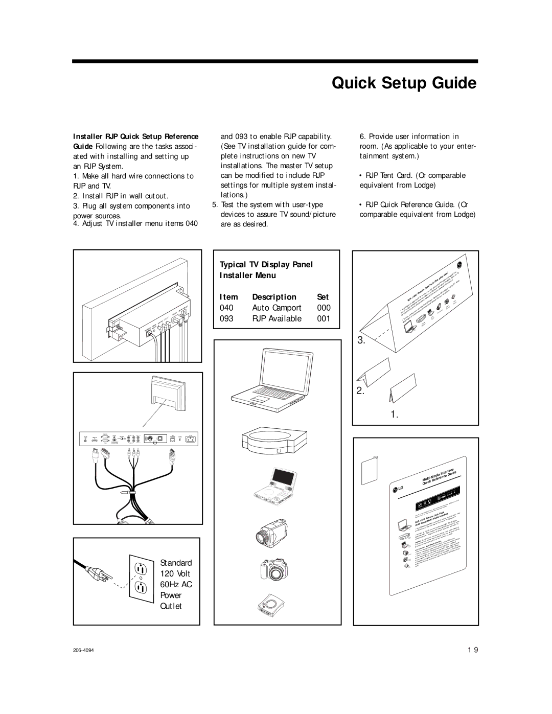 LG Electronics RJP-201B, 202B setup guide Quick Setup Guide, Typical TV Display Panel Installer Menu Description 