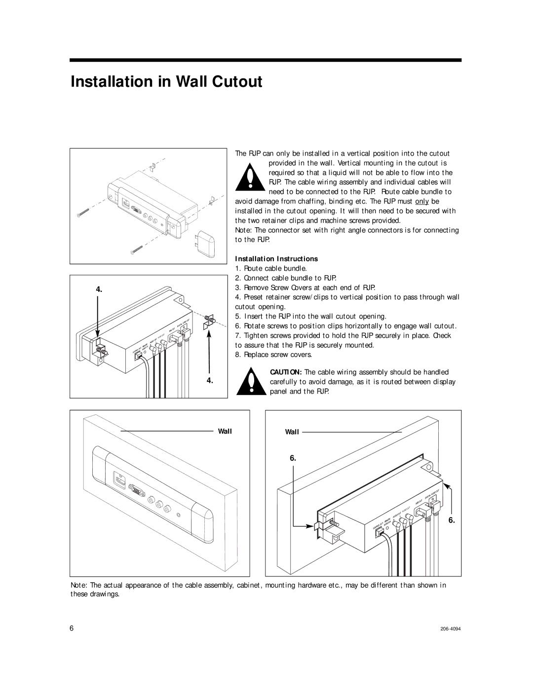 LG Electronics 202B, RJP-201B setup guide Installation in Wall Cutout, Installation Instructions 