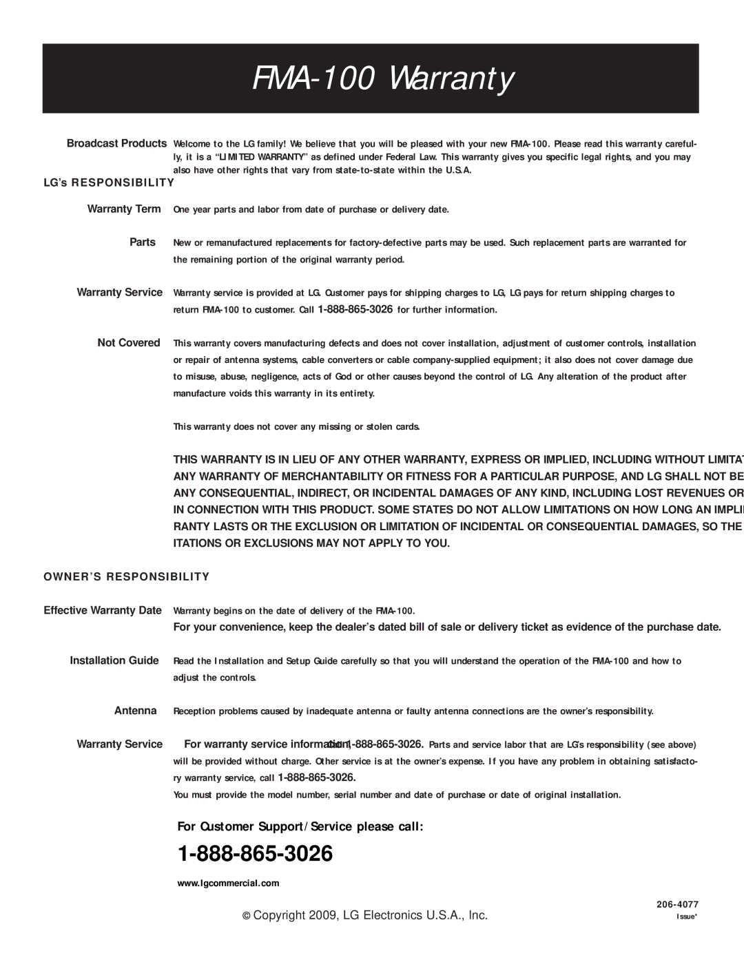 LG Electronics 206-4071 manual FMA-100 Warranty 