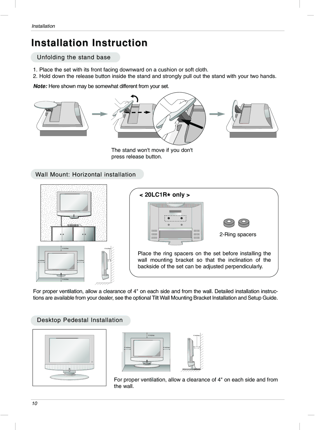 LG Electronics Installation Instruction, Unfolding the stand base, Wall Mount Horizontal installation, 20LC1R* only 