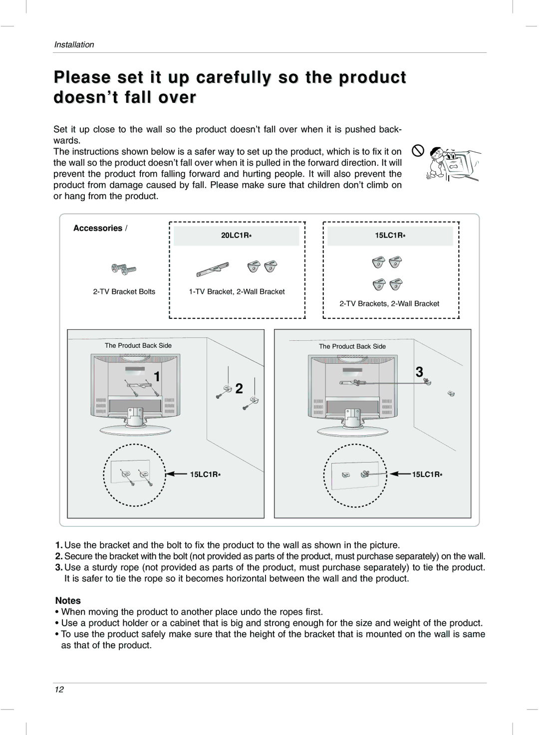 LG Electronics 20LC1R, 15LC1R owner manual Please set it up carefully so the product doesn’t fall over, Accessories 