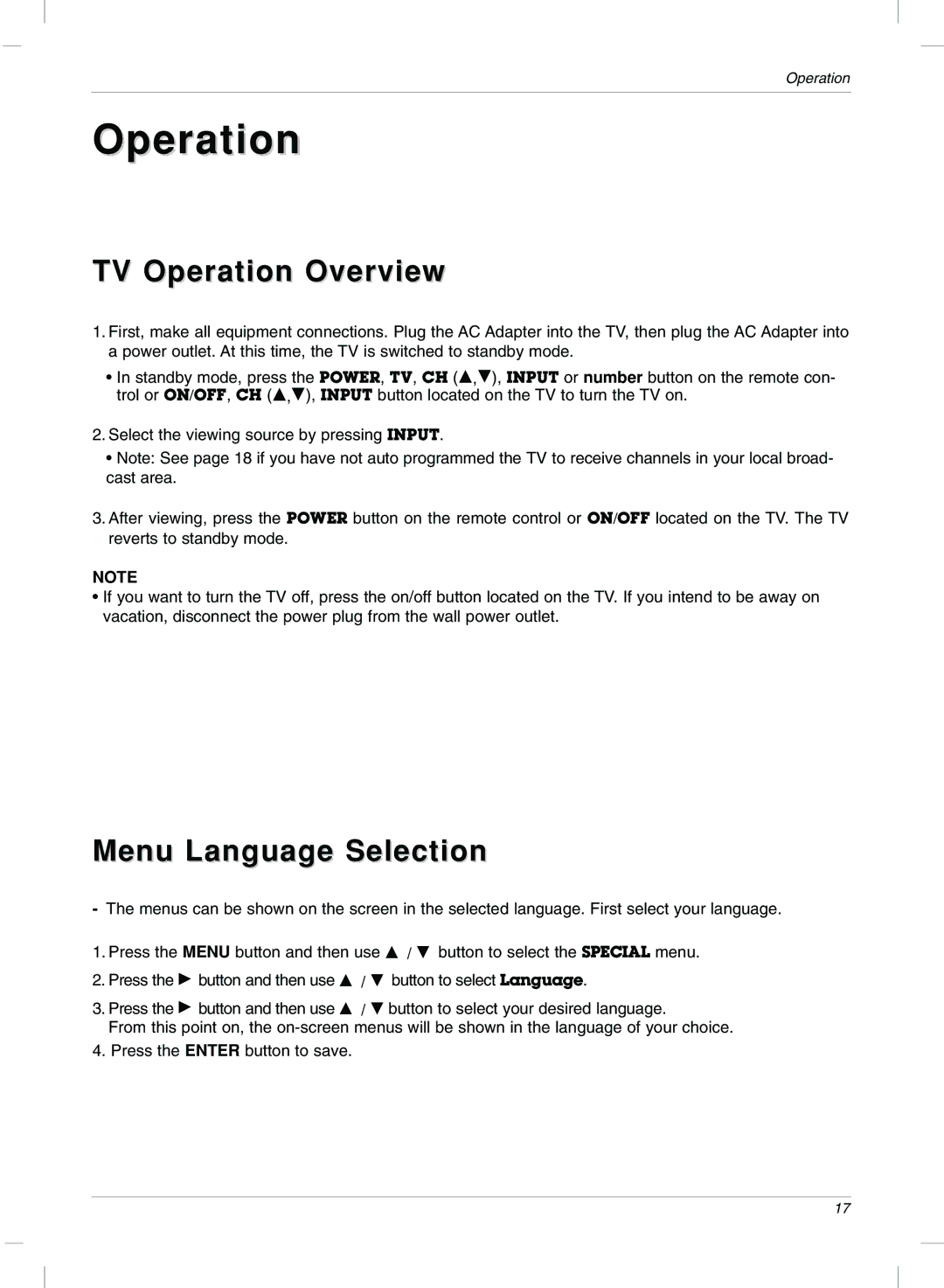 LG Electronics 15LC1R, 20LC1R owner manual TV Operation Overview, Menu Language Selection 