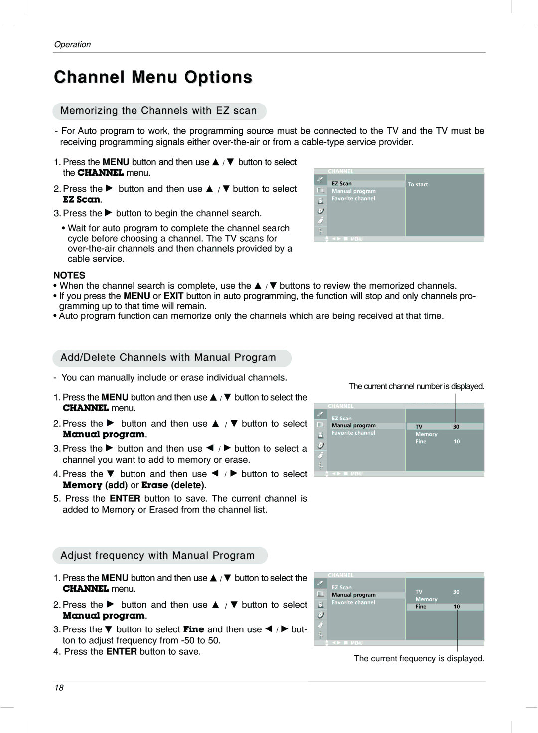 LG Electronics 20LC1R Channel Menu Options, Memorizing the Channels with EZ scan, Add/Delete Channels with Manual Program 