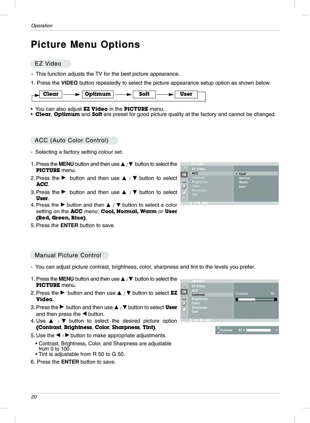 LG Electronics 20LC1R, 15LC1R owner manual Picture Menu Options, EZ Video, ACC Auto Color Control, Manual Picture Control 