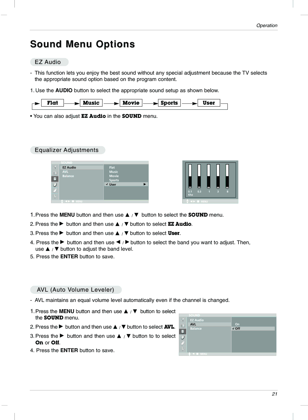 LG Electronics 15LC1R, 20LC1R owner manual Sound Menu Options, EZ Audio, Equalizer Adjustments, AVL Auto Volume Leveler 