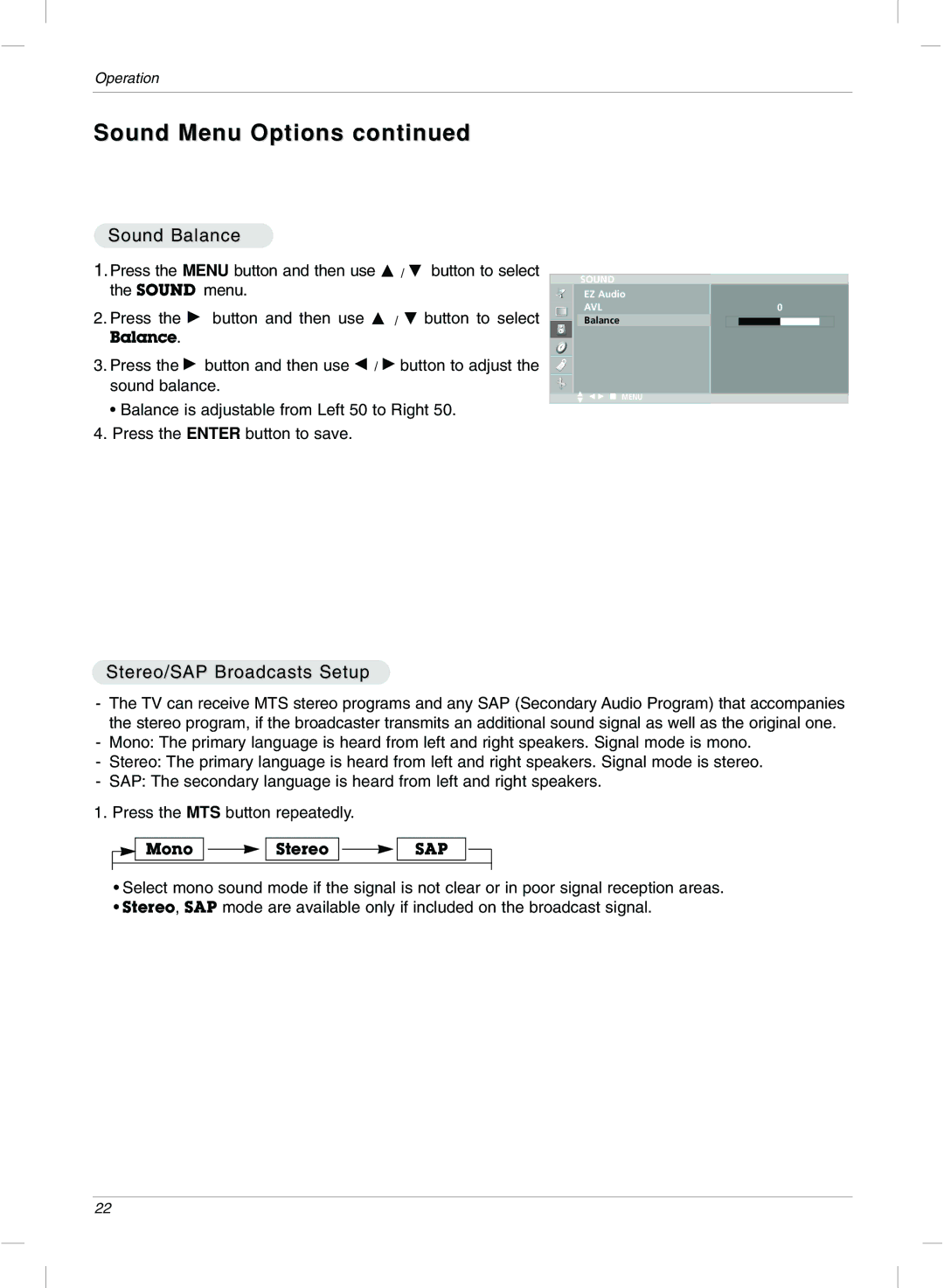 LG Electronics 20LC1R, 15LC1R owner manual Sound Menu Options, Sound Balance, Stereo/SAP Broadcasts Setup 