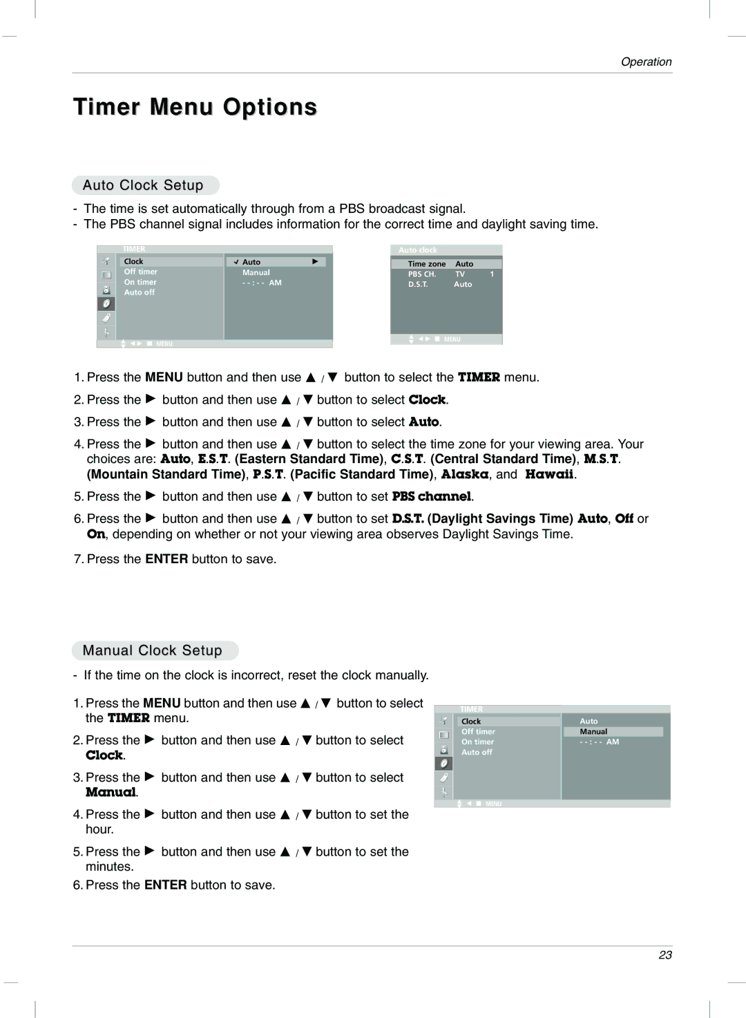 LG Electronics 15LC1R, 20LC1R owner manual Timer Menu Options, Auto Clock Setup, Manual Clock Setup 