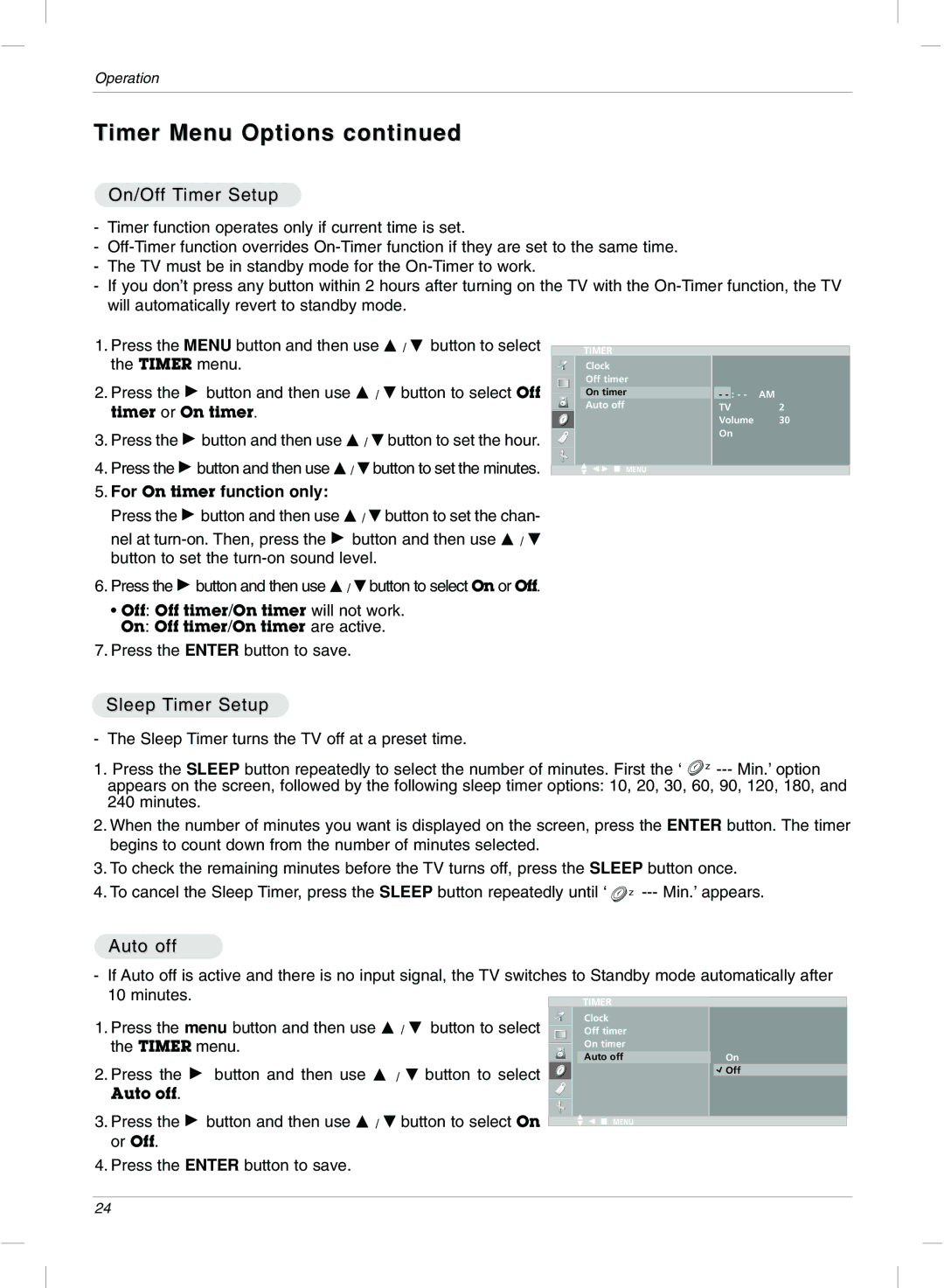 LG Electronics 20LC1R Timer Menu Options, On/Off Timer Setup, Sleep Timer Setup, Auto off, For On timer function only 