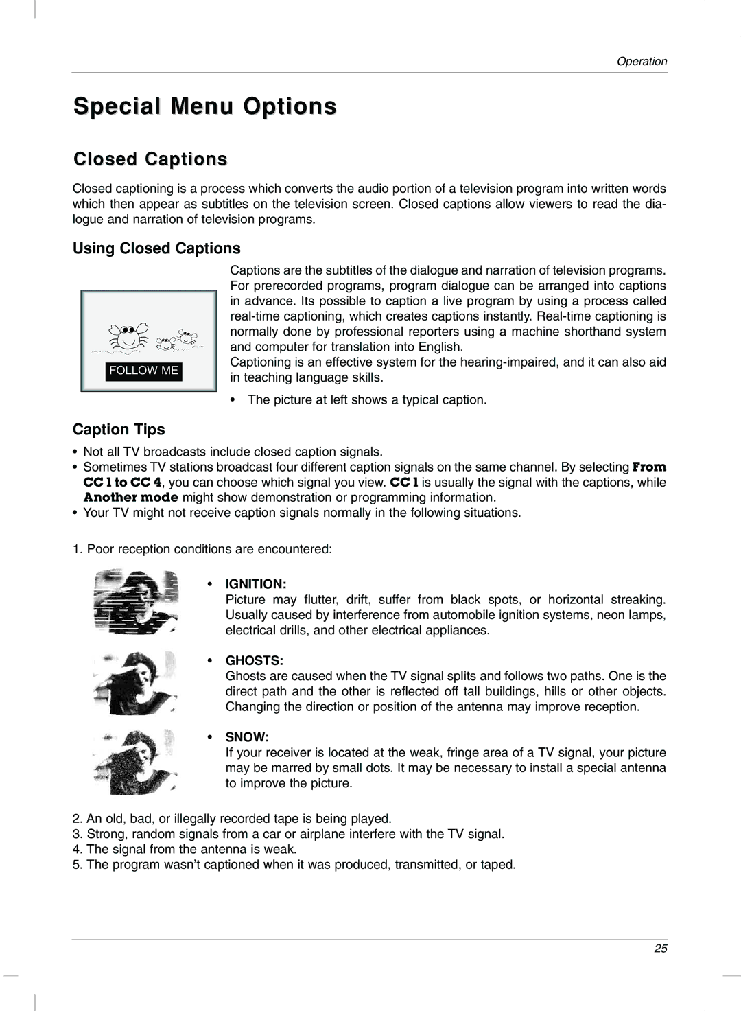 LG Electronics 15LC1R, 20LC1R owner manual Special Menu Options, Closed Captions 