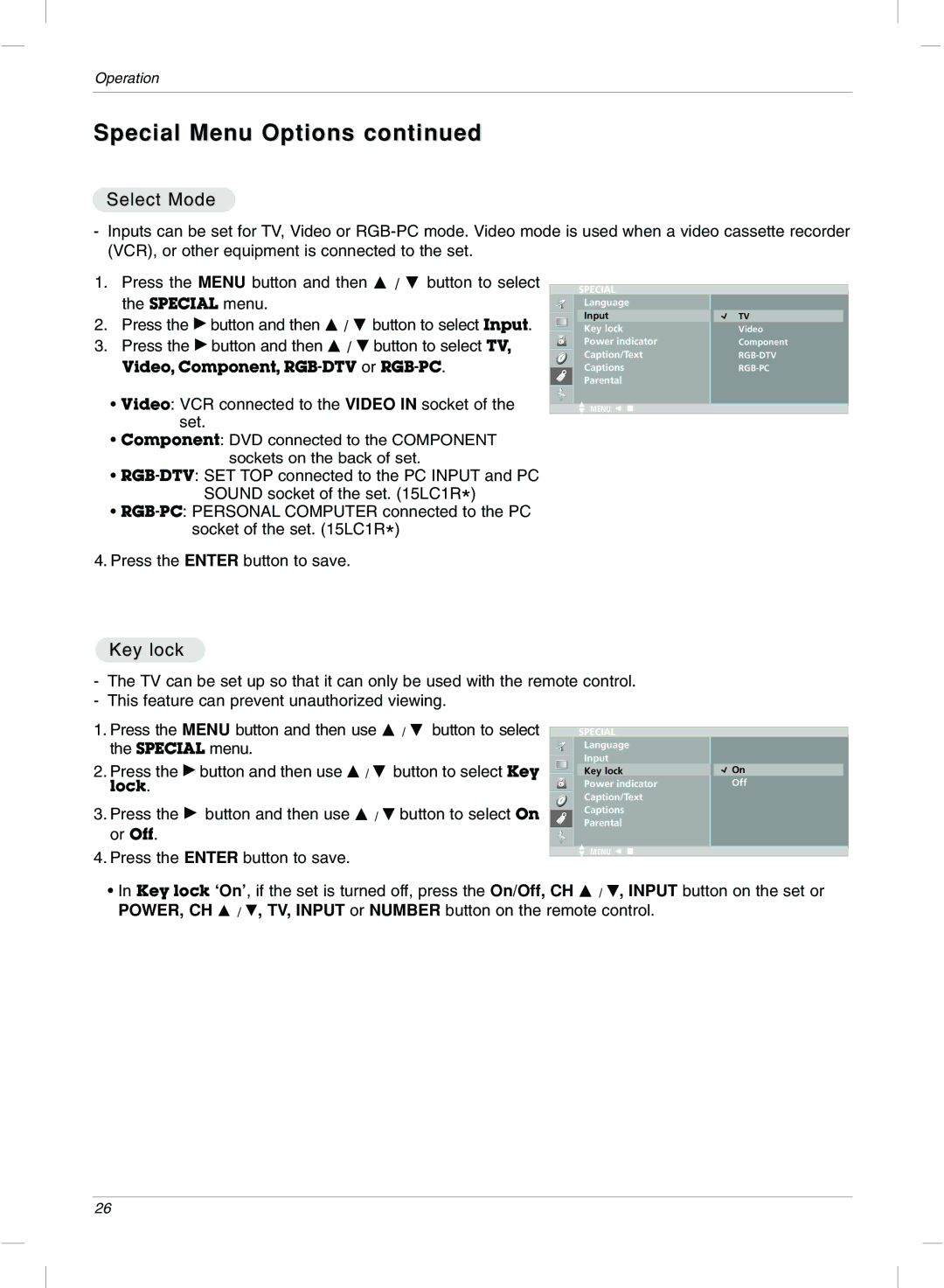 LG Electronics 20LC1R, 15LC1R owner manual Special Menu Options, Select Mode, Key lock 