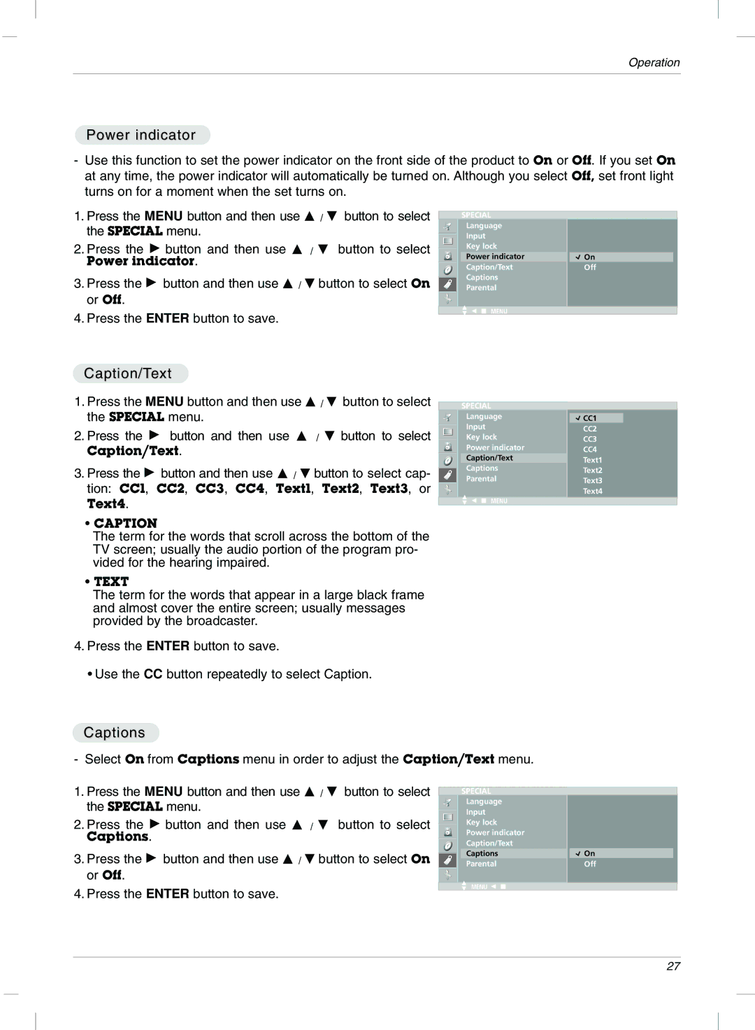 LG Electronics 15LC1R, 20LC1R owner manual Power indicator, Caption/Text, Captions 