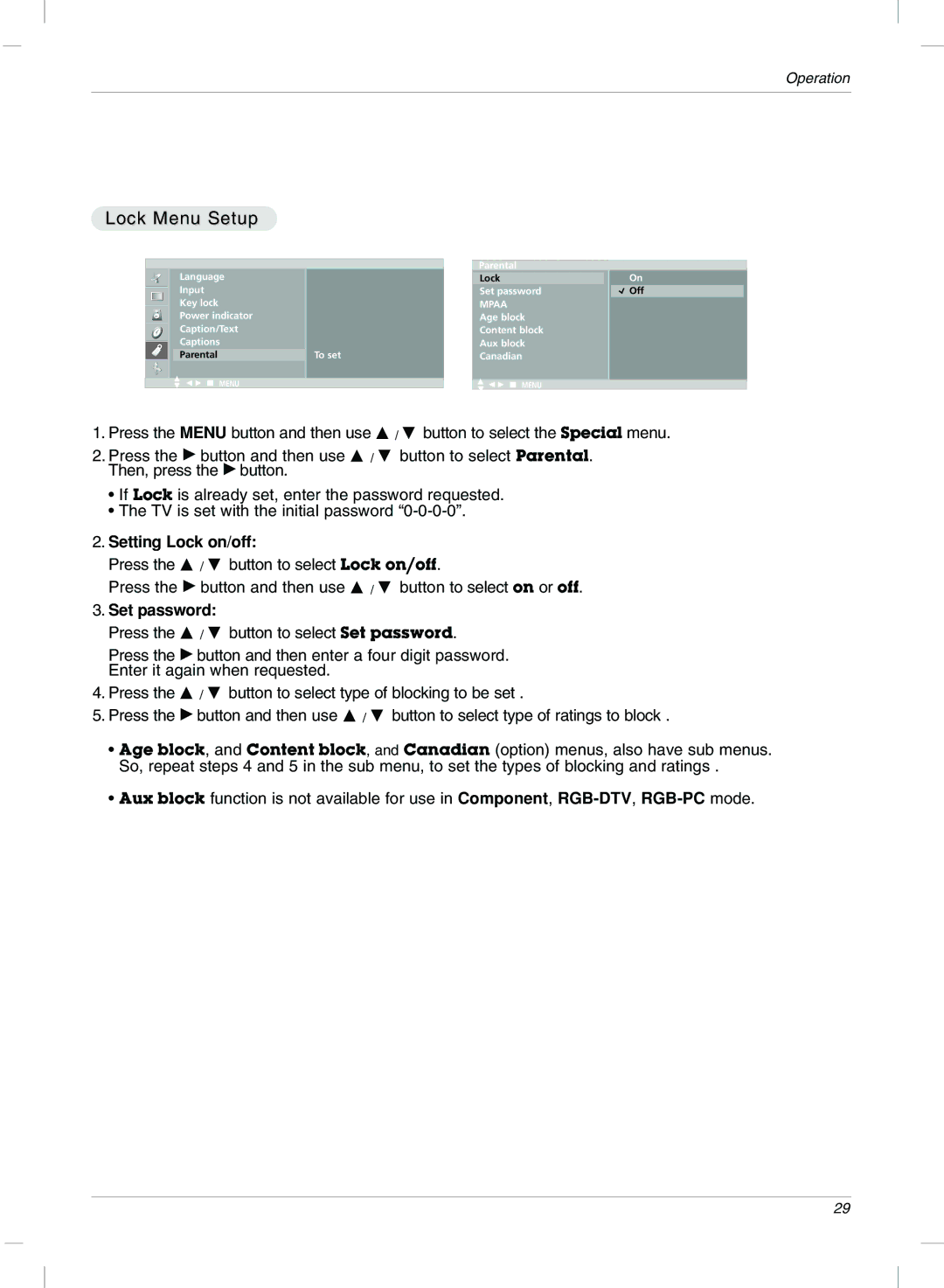 LG Electronics 15LC1R, 20LC1R owner manual Lock Menu Setup, Setting Lock on/off, Set password 