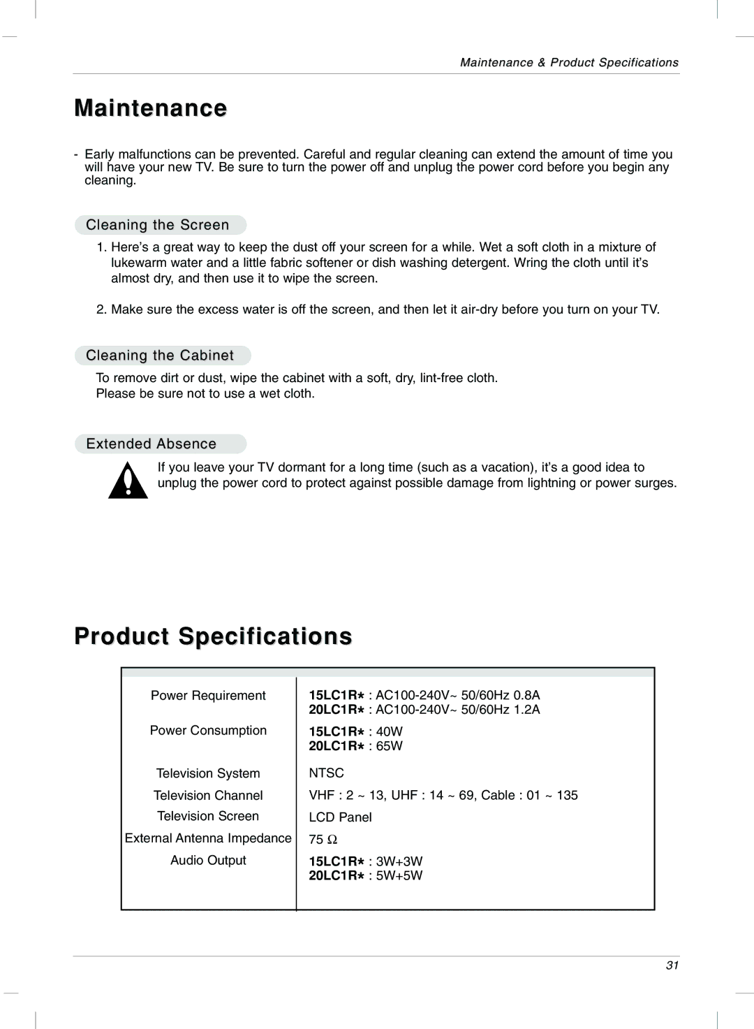 LG Electronics 15LC1R Maintenance, Product Specifications, Cleaning the Screen, Cleaning the Cabinet, Extended Absence 