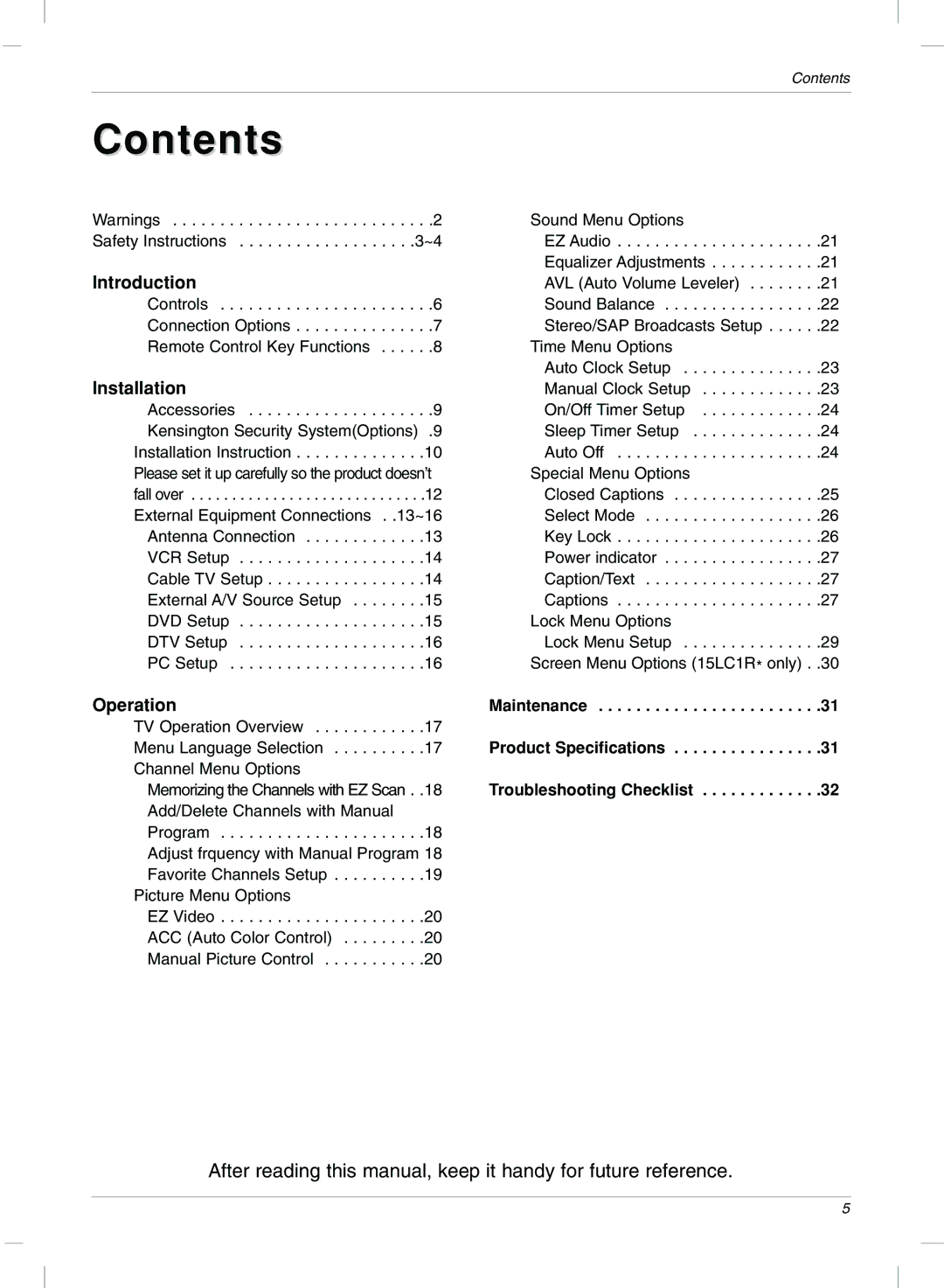 LG Electronics 15LC1R, 20LC1R owner manual Contents 