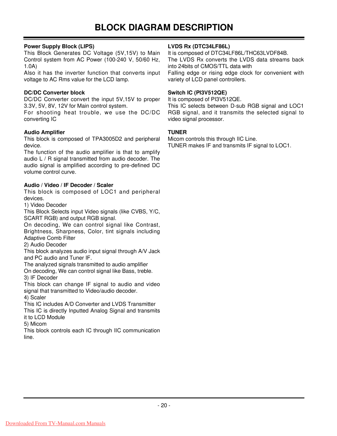 LG Electronics 20LC1R-ZG service manual Block Diagram Description 