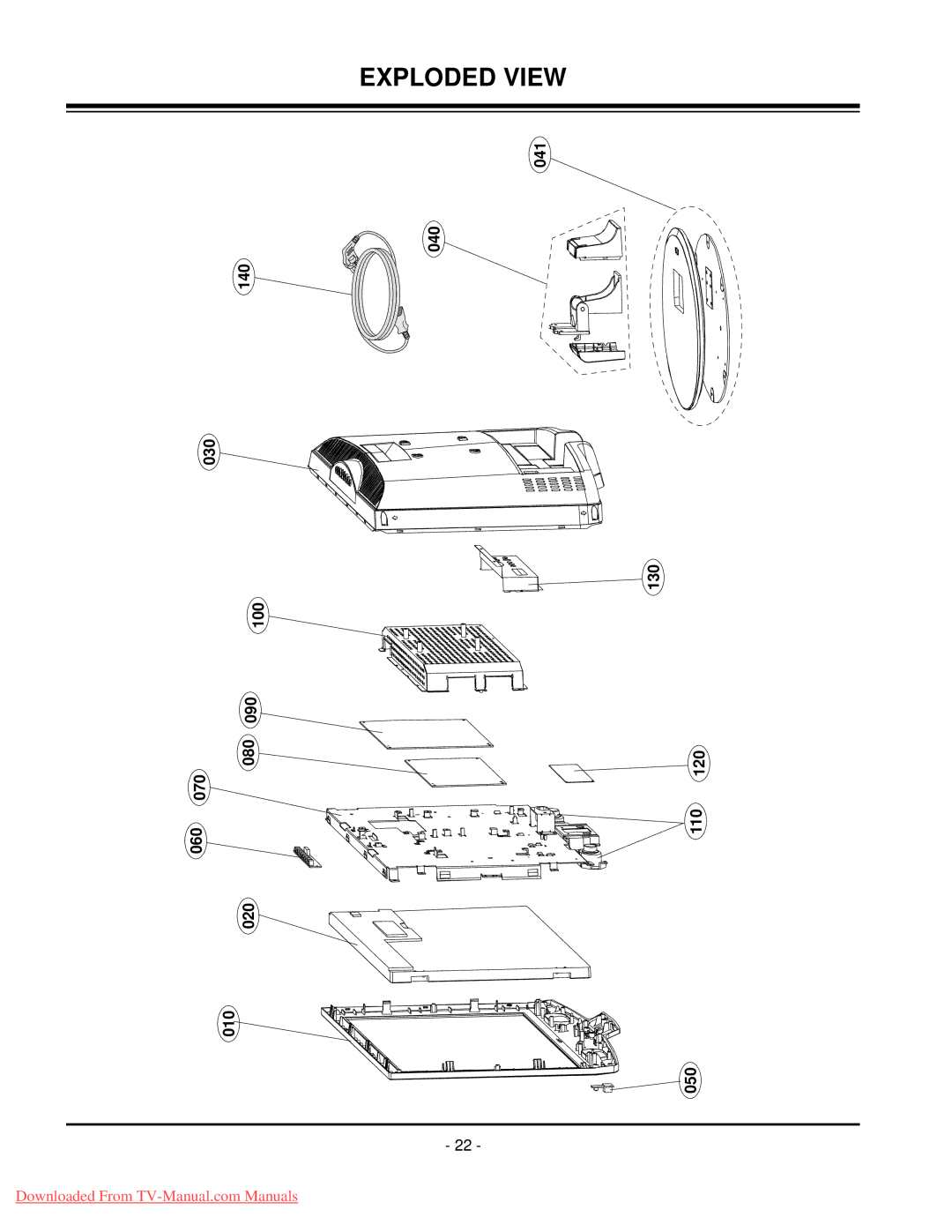 LG Electronics 20LC1R-ZG service manual Exploded View, 041 140 030 100 090 070 080 120 060 110 020 010 050 