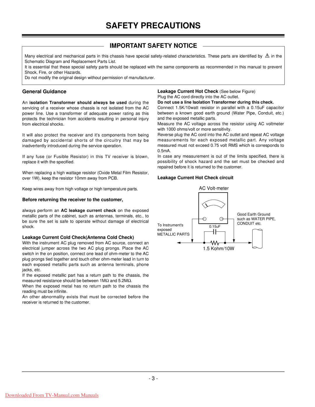 LG Electronics 20LC1R-ZG Safety Precautions, General Guidance, Do not use a line Isolation Transformer during this check 